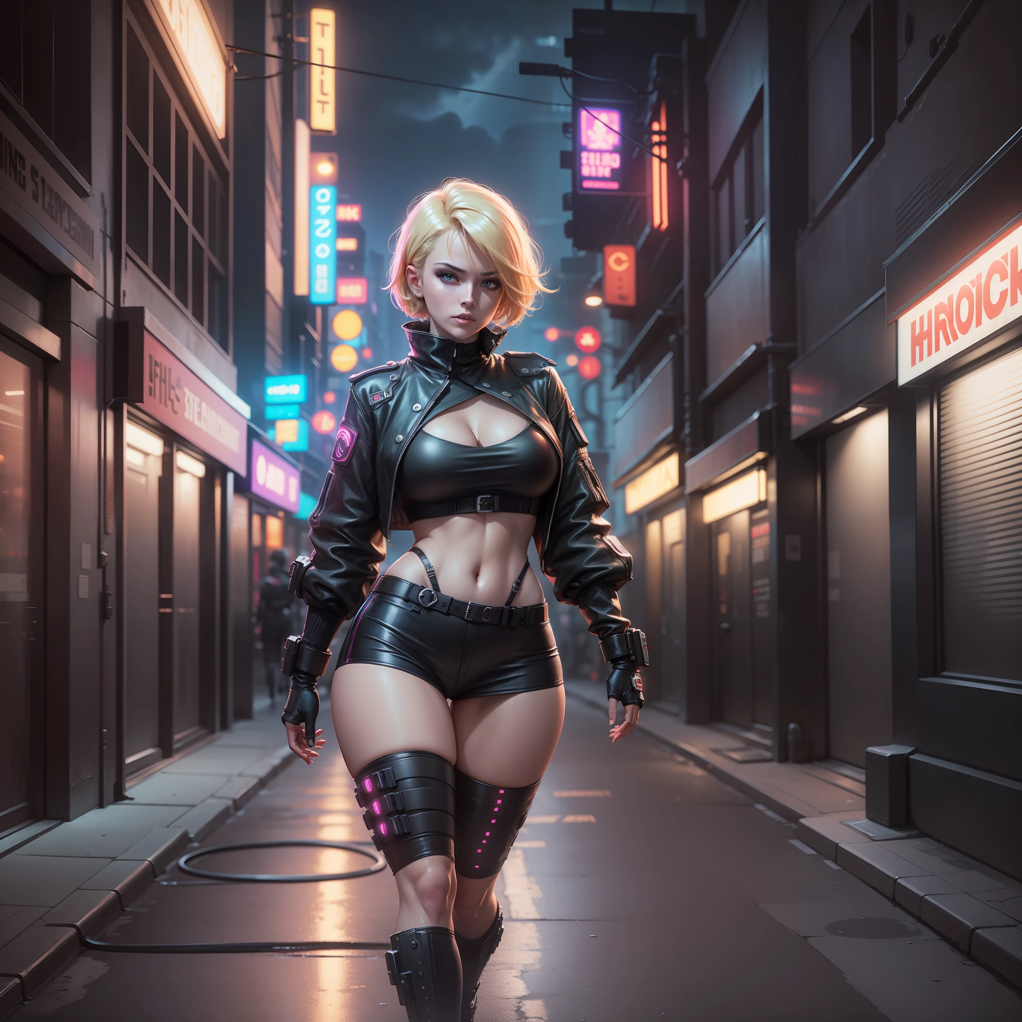 Night Period, street in cyberpunk theme, Blonde woman walking, Short hair, big breasts, black clothes, Full body, biting lips sensually, looking at the screen, Super realistic, 8k, Movie shadows, neon lights