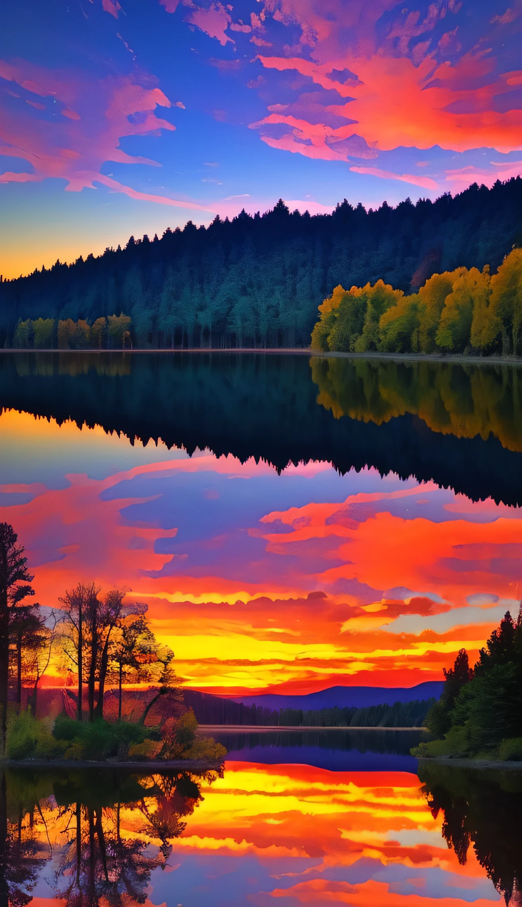 there is a beautiful sunset with a lake and trees in the background, colorful skies, surreal colors, colorful sunset, colorful sky, marvellous reflection of the sky, stunning sky, dream like atmosphere 8k, colorful clouds, colors reflecting on lake, surreal sky, red and blue reflections, fire reflection, beautiful sky, beautiful and spectacular dusk, beautiful dreamy landscape, amazing sky