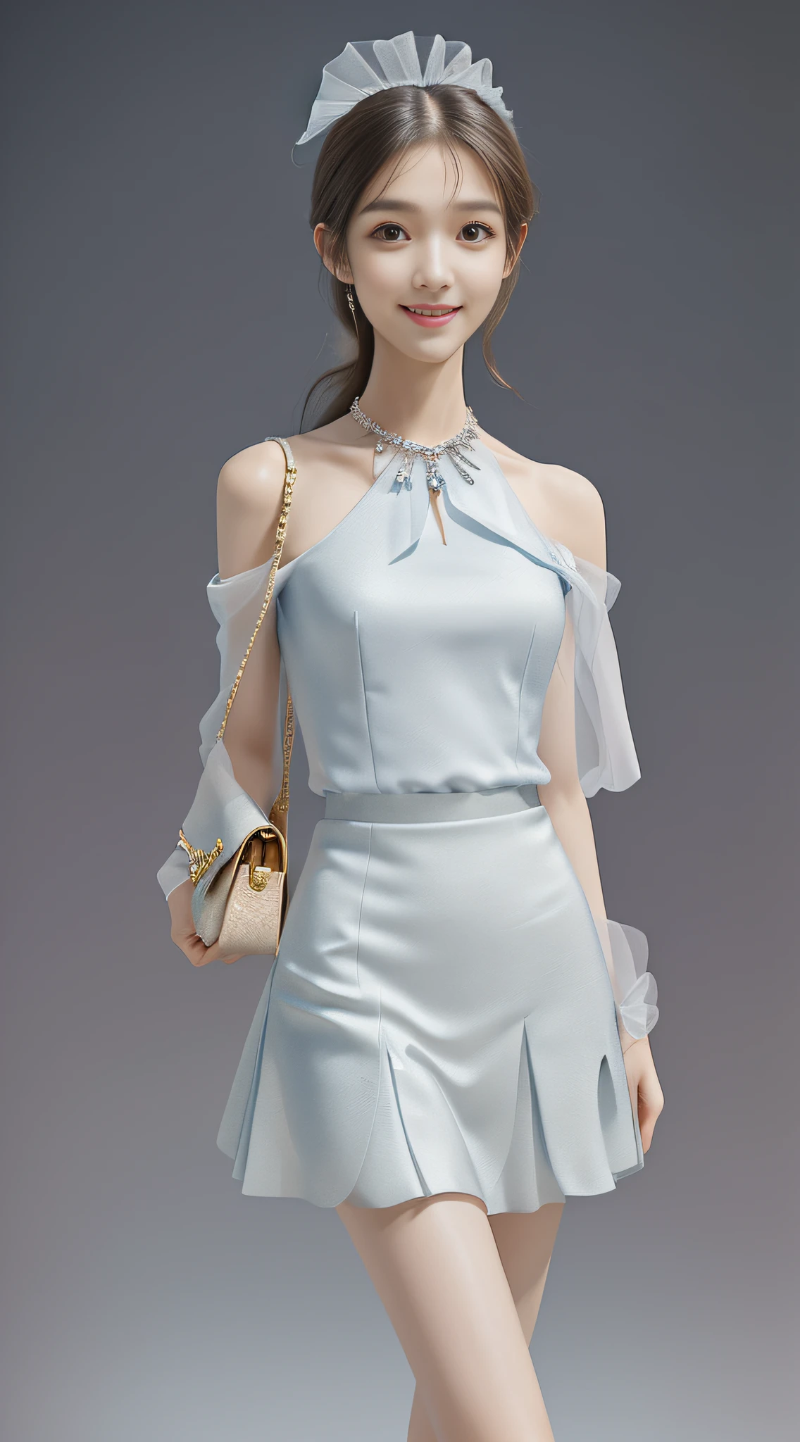 (high quality, super high detail, colorful JK skirt, (shoulder-length hair), (slim, delicate facial features, girl wearing fashionable clothes, holding a beautiful bag, wearing exquisite jewelry): 0.9), (dynamic posture, proper proportions, very temperamental, long legs high and cold, delicate and realistic portrait, delicate three-dimensional silhouette, Gaussian blurred background, depth of field, ultra-realistic skin details), (long eyelashes, smile, shallow dimples, big watery eyes crystal clear, slender legs): 0.8