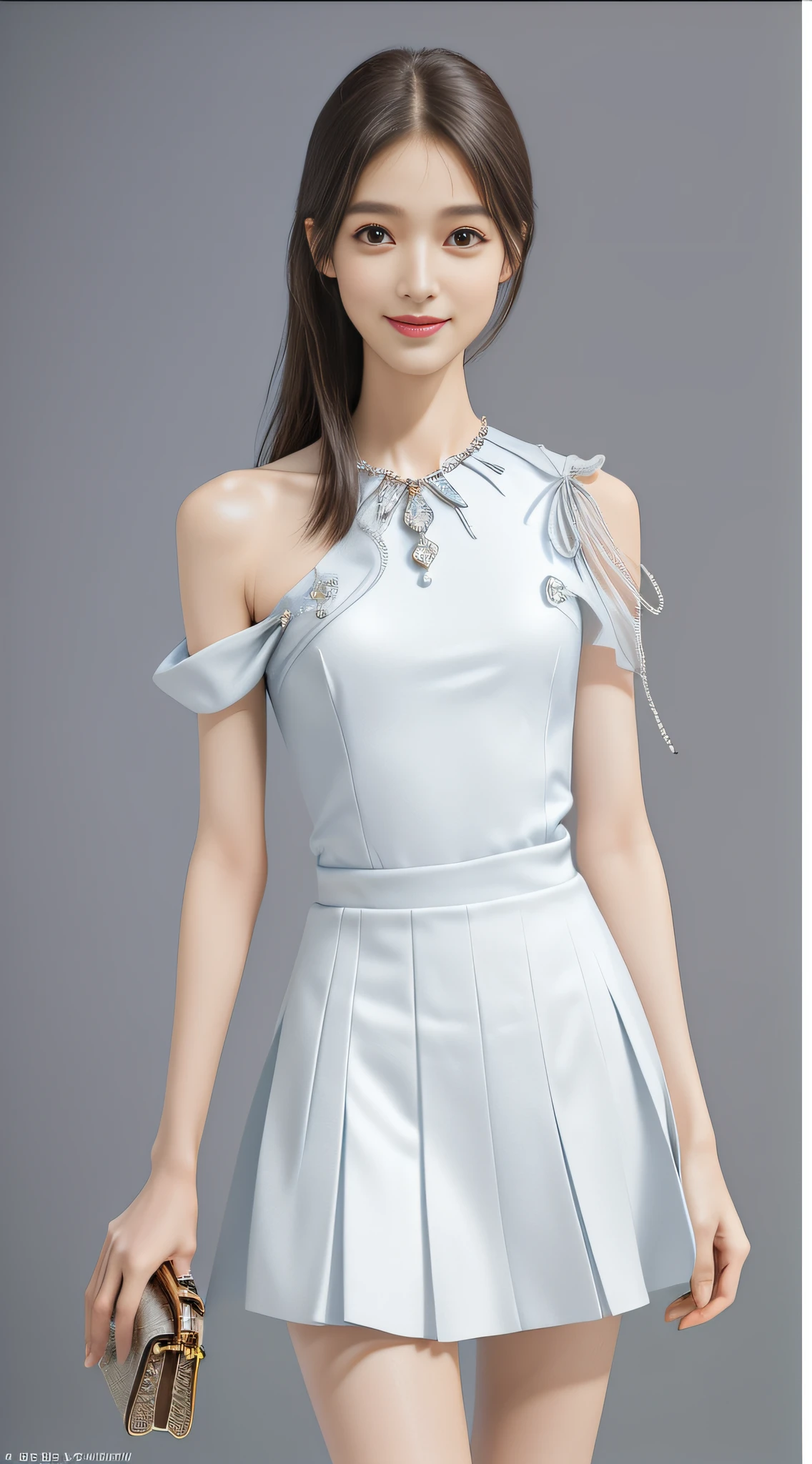 (high quality, super high detail, colorful JK skirt, (shoulder-length hair), (slim, delicate facial features, girl wearing fashionable clothes, holding a beautiful bag, wearing exquisite jewelry): 0.9), (dynamic posture, proper proportions, very temperamental, long legs high and cold, delicate and realistic portrait, delicate three-dimensional silhouette, random background, depth of field, ultra-realistic skin details), (long eyelashes, smile, shallow dimples, big watery eyes crystal clear, slender legs): 0.8