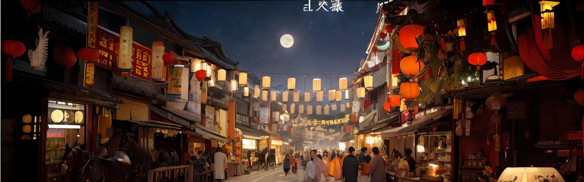 Street with lanterns, summer festival night, fantastic Chinese town, beautiful rendering of the Tang Dynasty, horse-drawn carriage, evening light, moon, bazaar, brightly lit, charming night scene, CG texture, panoramic perspective, Chinese dream, Chinese style, sense of completeness, cyberpunk style, poster style, C4D, super detailed,