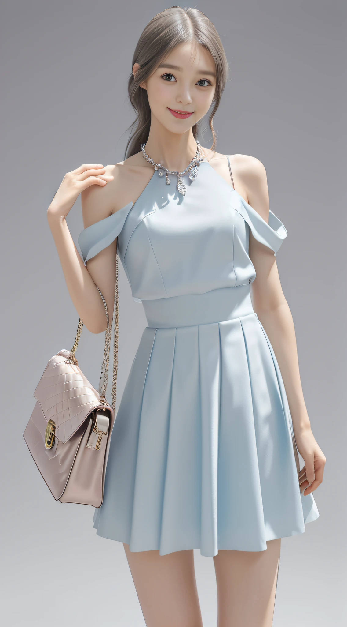 (high quality, super high detail, colorful JK skirt, (shoulder-length hair), (slim, delicate facial features, girl wearing fashionable clothes, holding a beautiful bag, wearing exquisite jewelry): 0.9), (dynamic posture, proper proportions, very temperamental, long legs high and cold, delicate and realistic portrait, delicate three-dimensional silhouette, random background, depth of field, ultra-realistic skin details), (long eyelashes, smile, shallow dimples, big watery eyes crystal clear, slender legs): 0.8