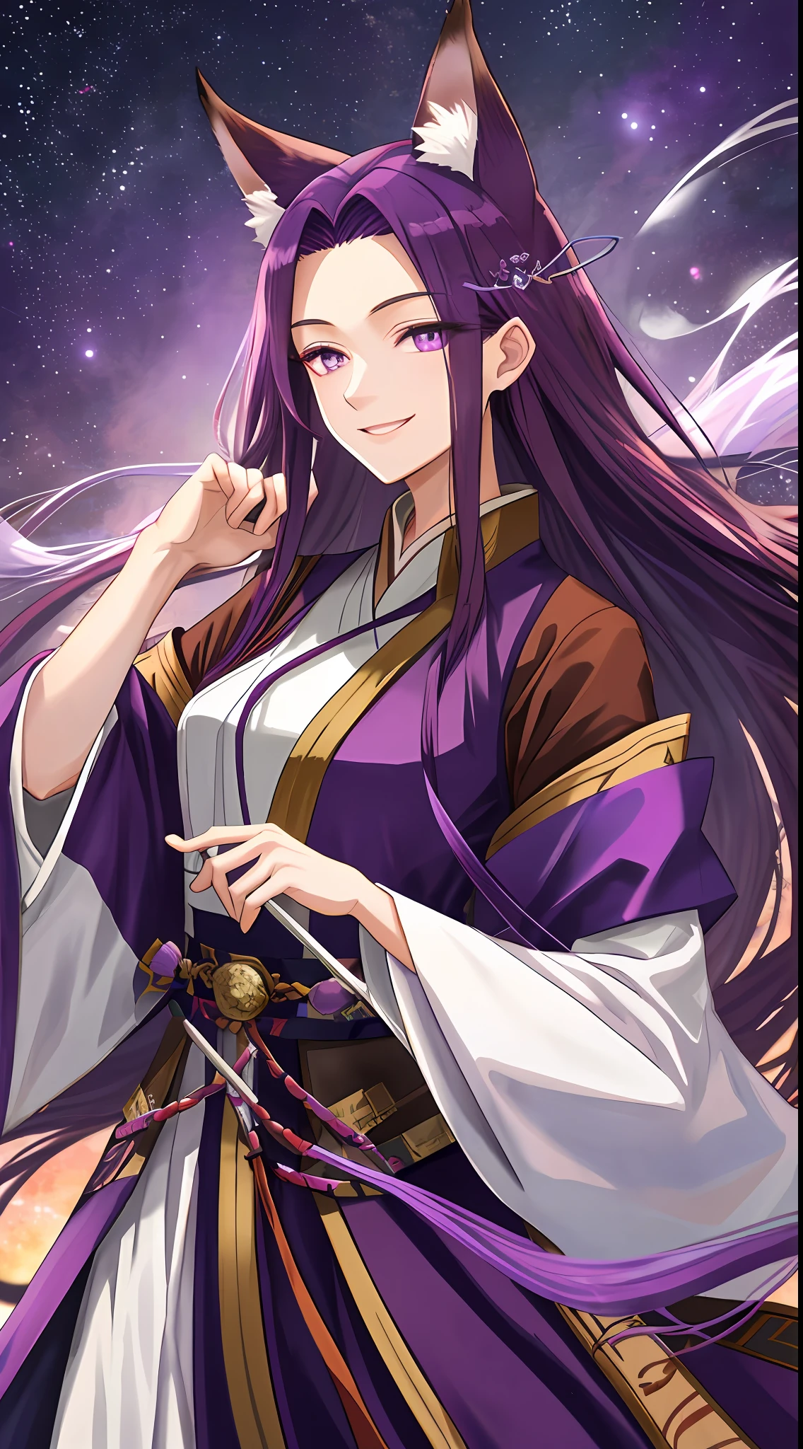 Tall guy, long dark purple hair, fox ears, purple eyes, hanfu, open torso, smile, masterpiece, high quality