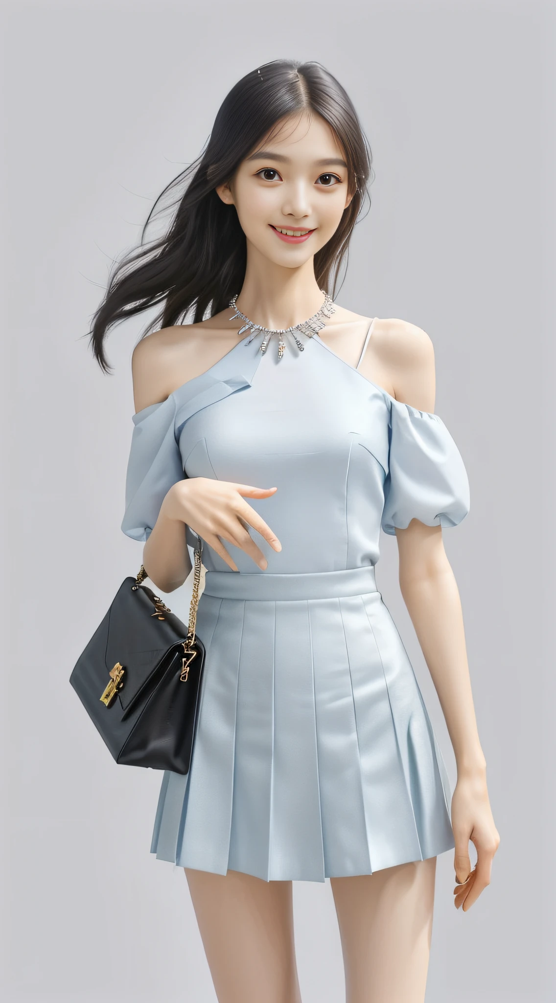 (high quality, super high detail, colorful JK skirt, (shoulder-length hair), (slim, delicate facial features, girl wearing fashionable clothes, holding a beautiful bag, wearing exquisite jewelry): 0.9), (dynamic posture, proper proportions, very temperamental, long legs high and cold, delicate and realistic portrait, delicate three-dimensional silhouette, random background, depth of field, ultra-realistic skin details), (long eyelashes, smile, shallow dimples, big watery eyes crystal clear, slender legs): 0.8
