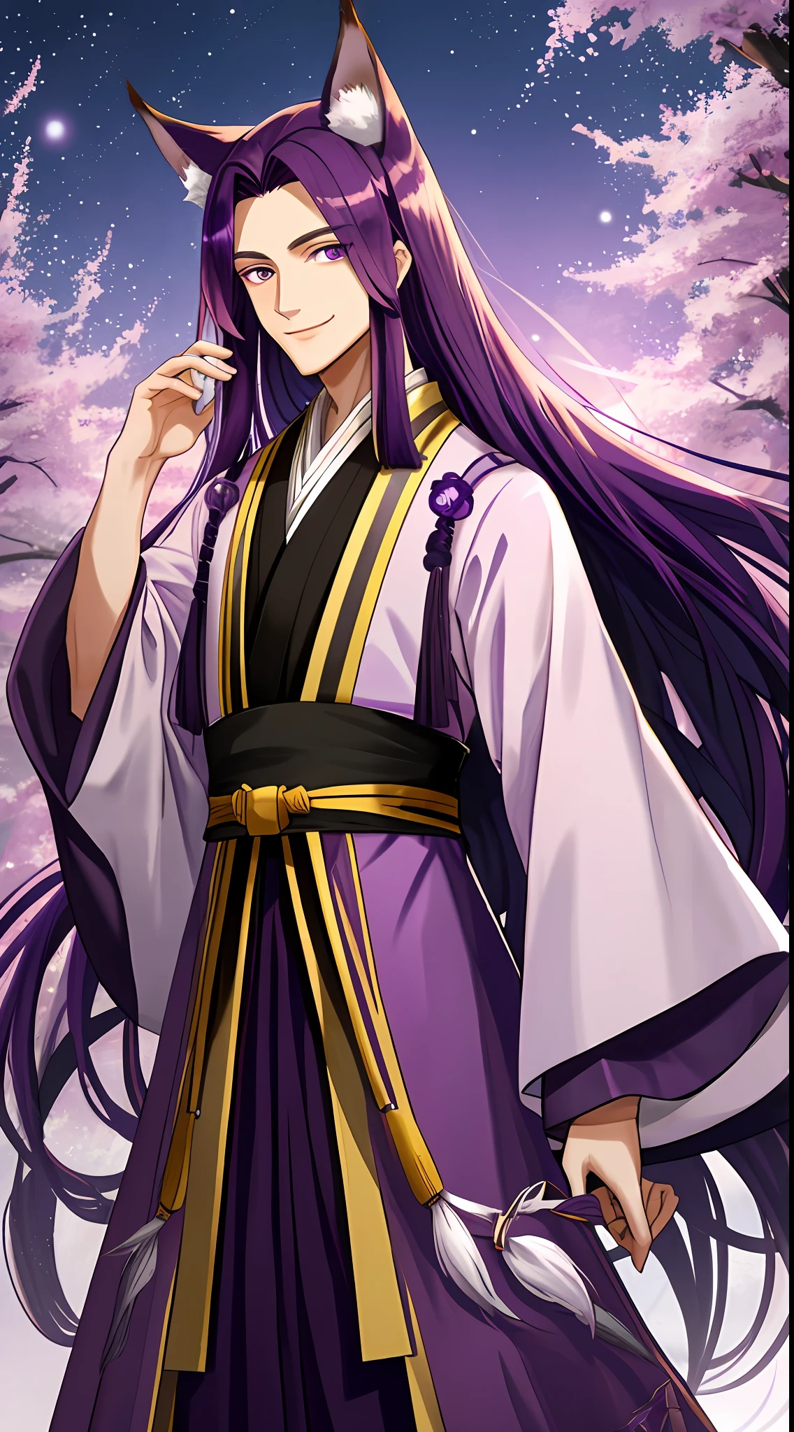 Tall guy, long dark purple hair, fox ears, purple eyes, hanfu, open torso, smile, masterpiece, high quality