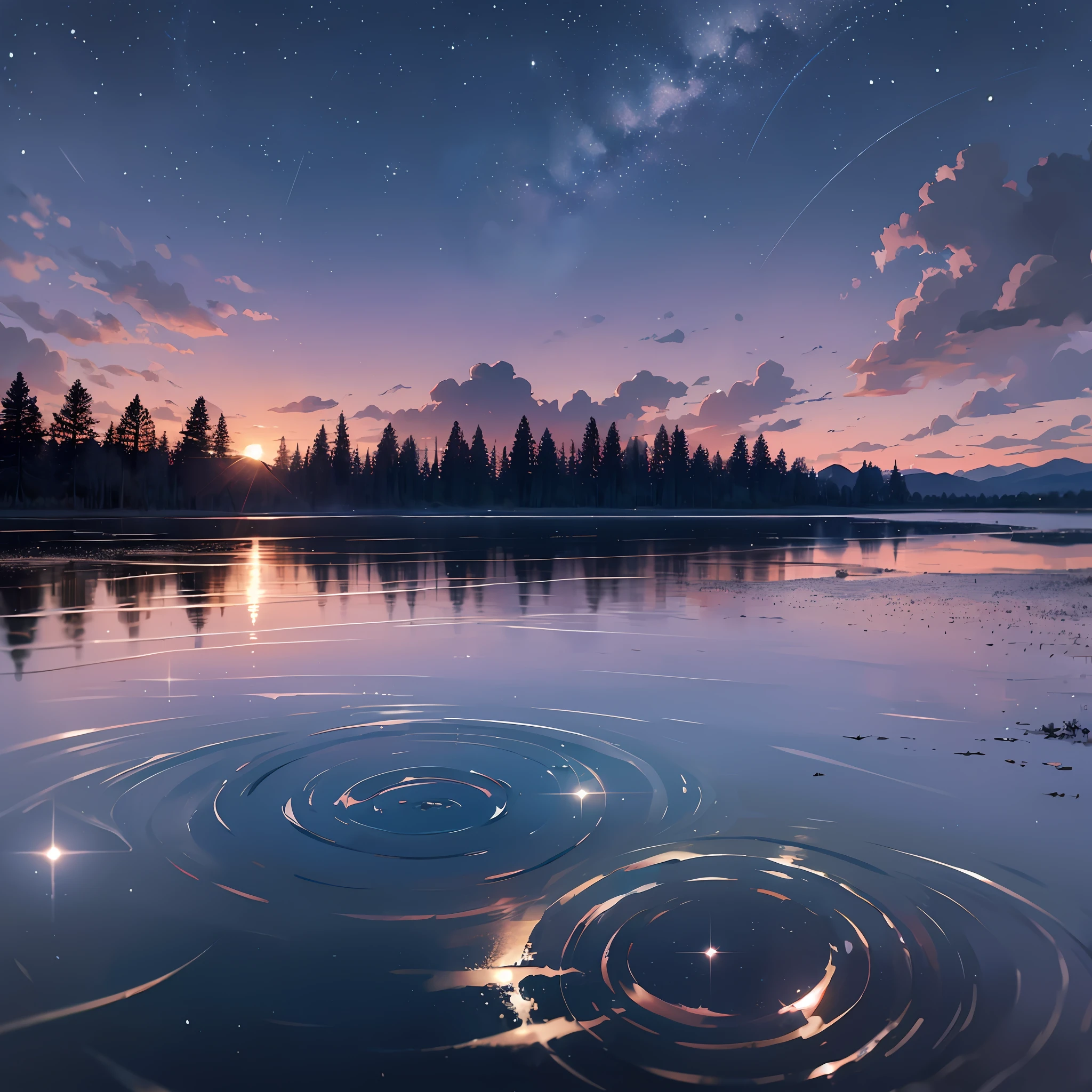 Calm night, puddles, water liability, dark sky, reflection on water, low angle, enhanced details, warm, lofi --auto --s2
