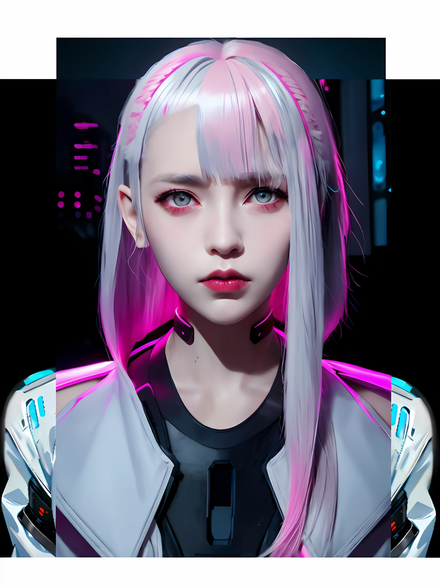 Hime cut,medium hair, half strong pink and half silver hair, separate bangs,pink hair