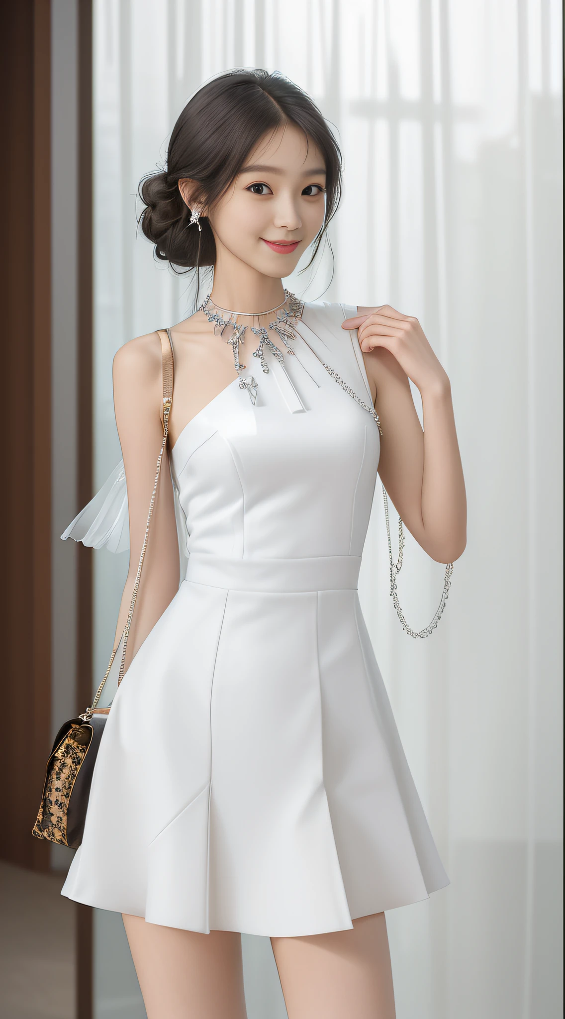 (high quality, super high detail, colorful skirt, (shoulder-length hair), (slim, delicate facial features, girl wearing fashionable clothes, holding a beautiful bag, wearing delicate jewelry): 0.9), (dynamic posture, proper proportions, very temperamental, long legs high and cold, delicate and realistic portrait, delicate three-dimensional silhouette, random background, depth of field, ultra-realistic skin details), (long eyelashes, smile, shallow dimples, big watery eyes crystal clear, slender legs): 0.8