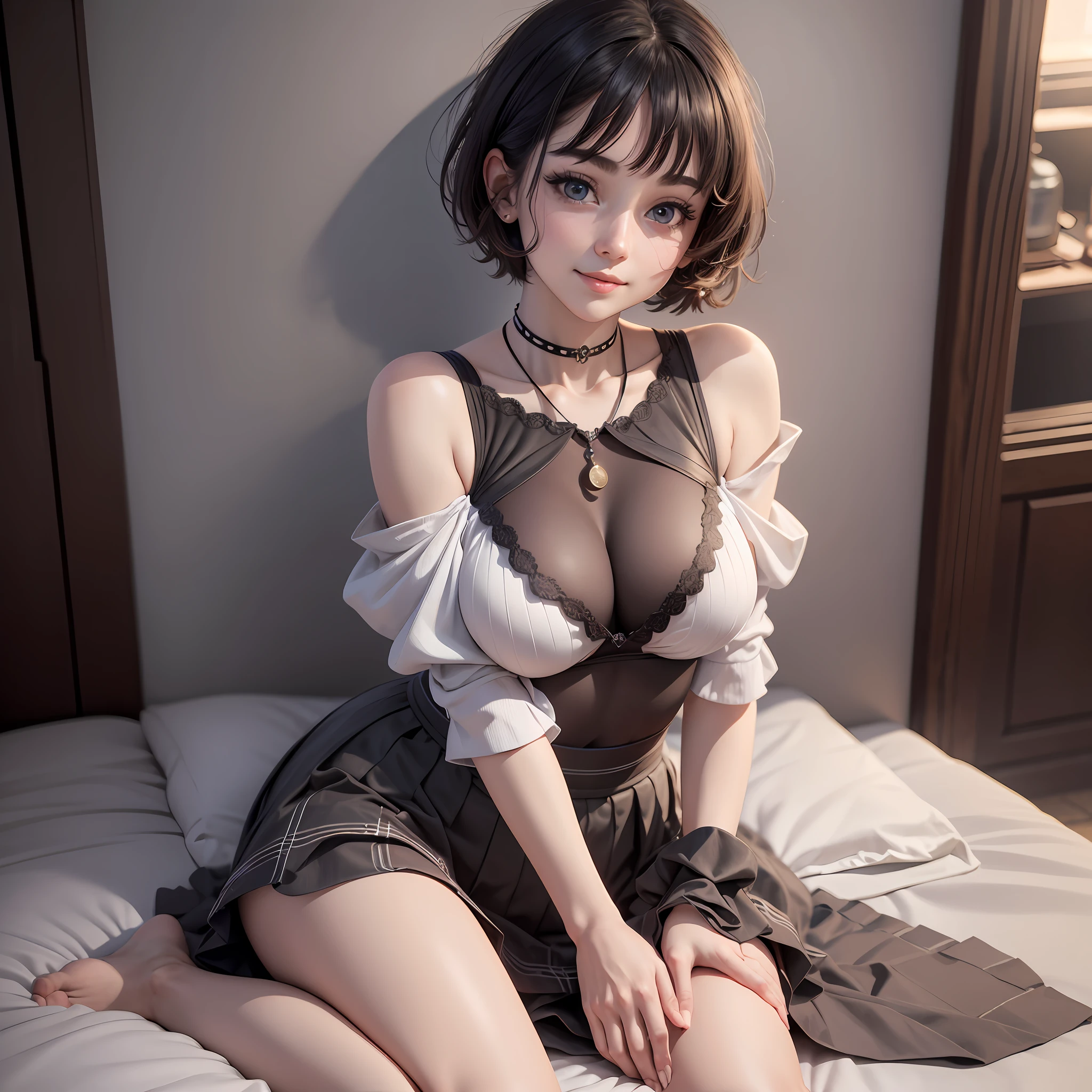 (8k, RAW photo, best quality, master:1.2), (realistic, photo-realistic:1.37), ultra detailed, 1 girl, cute, solo, beautiful detailed sky, detailed face, night, (nose blush), (smile: 1.1), big breasts, beautiful and detailed eyes, buttoned undone, (chest wrap: 1.1), pleated skirt, (short hair: 1.2), eye shadow, round face, big eyes, full body photo, bare shoulders, indoor, lying in bed, M legs