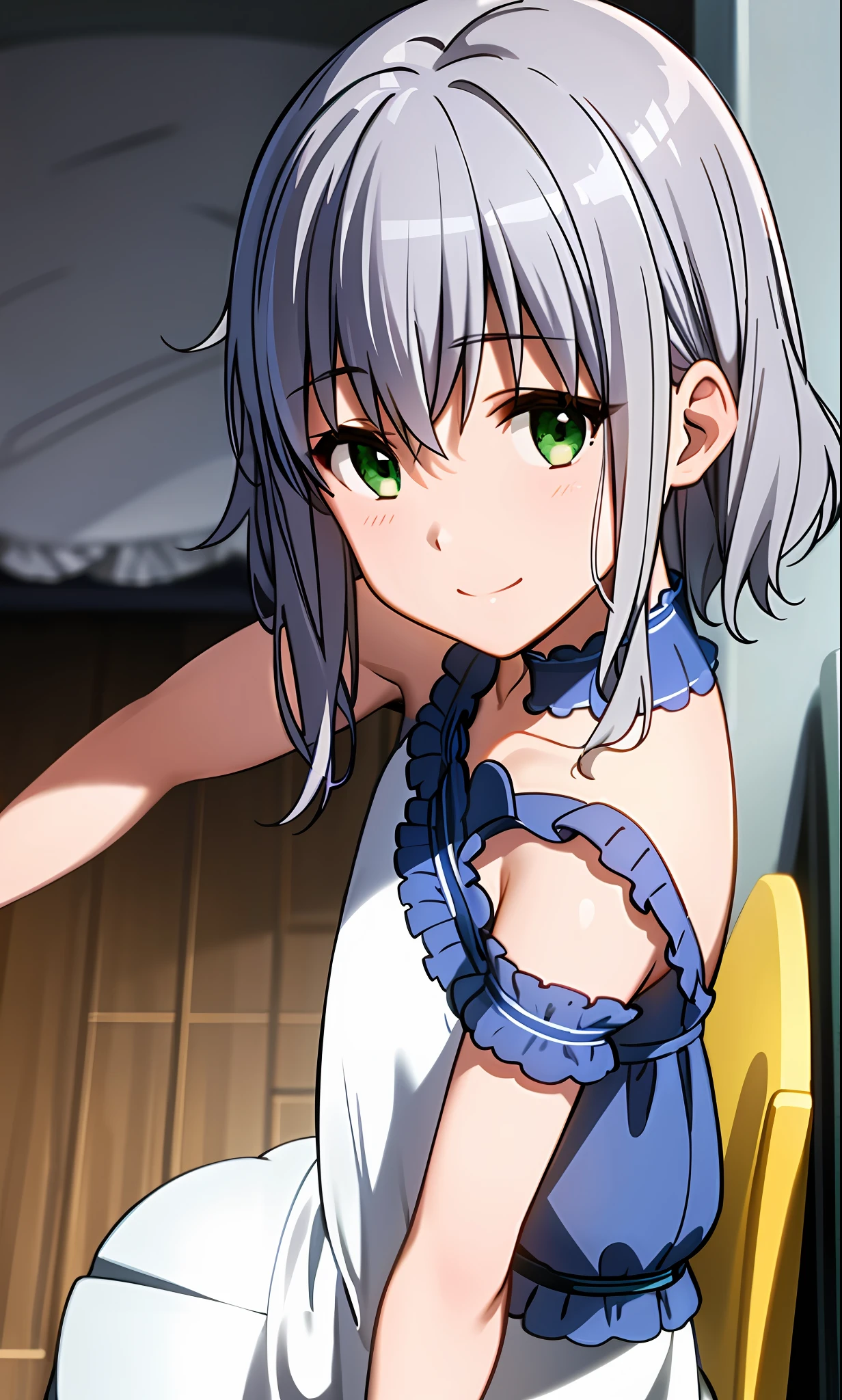 Top quality, (masterpiece: 1.2), very detailed, own room, 1 girl, solo, (muse), smile, watch viewer, gray hair, circle of angels, short hair, hair ornament, green eyes, light in the eyes, white underwear, in the middle of changing clothes, realistic, from the knees up, glowing skin, fair skin, ultra-realistic, realistic, portrait, blur,