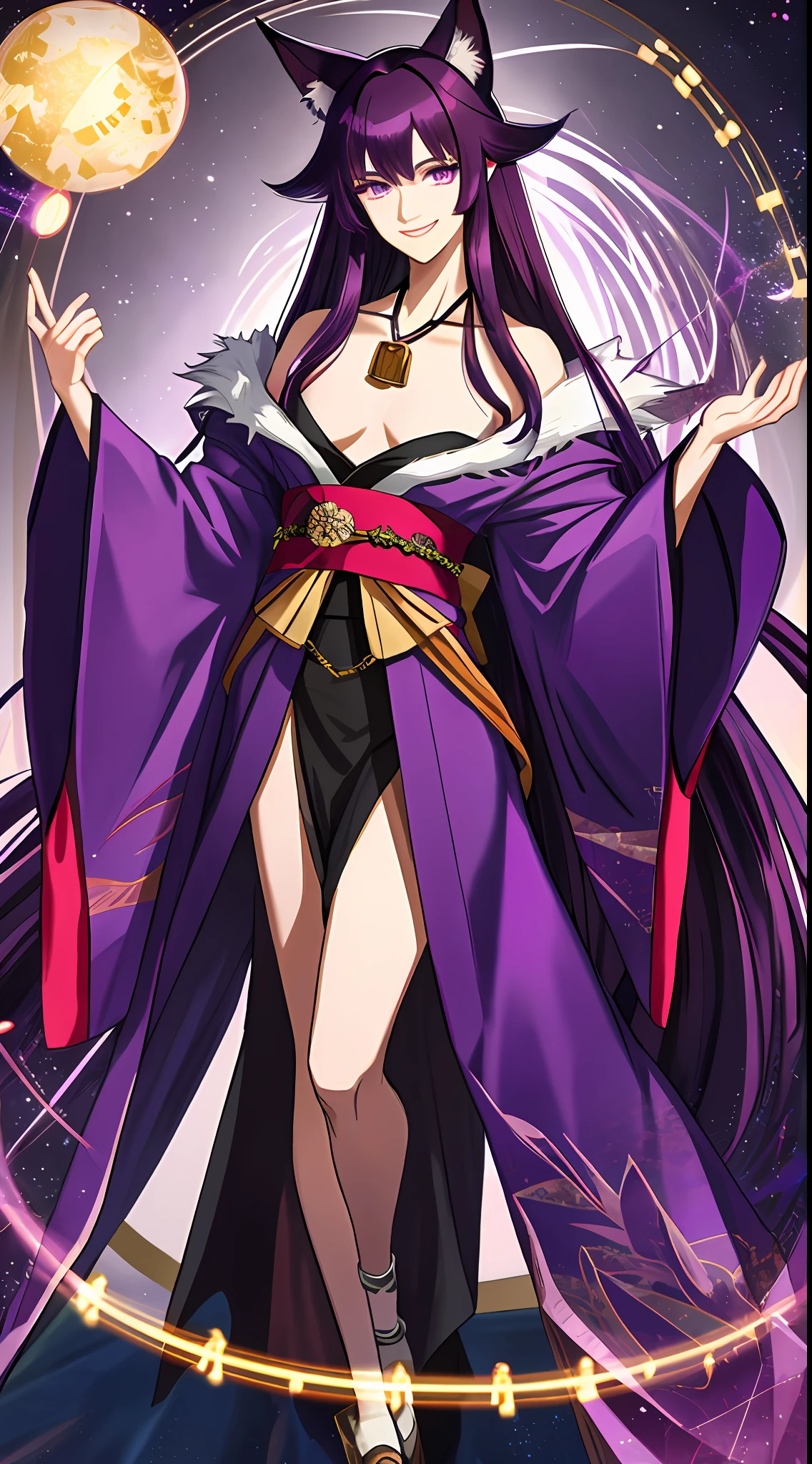 Tall guy, long dark purple hair, fox ears, purple eyes, open kimono, open chest, chains, smile, masterpiece, high quality