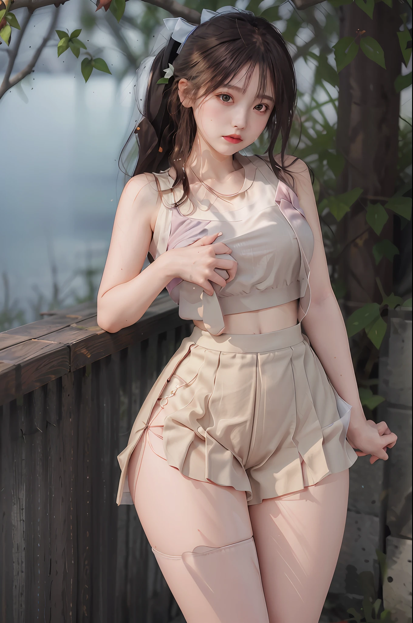 Masterpiece: 1.2, Best Quality), Realism, (Real Pictures, Rich Detail Detail, Depth of Field), (1 Girl, Solo), Makeup, Cleft Lip, High Detail, Perfect Face Shape, (: 1.4), (Skin Dents), Thick Thighs, Hip Width, Thin Waist, High, Coral, Red Lips, Red Eyes, Ponytail (Girls, Tulle, Tulle Transparent), (Sweat: 1.2), (Wet), Sexy, Blush, (Shy Expression), Hanfu, Professional Wear, Suspenders, Tank Top, Short Skirt, Shorts, Yoga Pants, tight skirts, tight shorts, stockings, fishnet socks, pajamas, pleated skirts, skirts, hip skirts, white clothes,