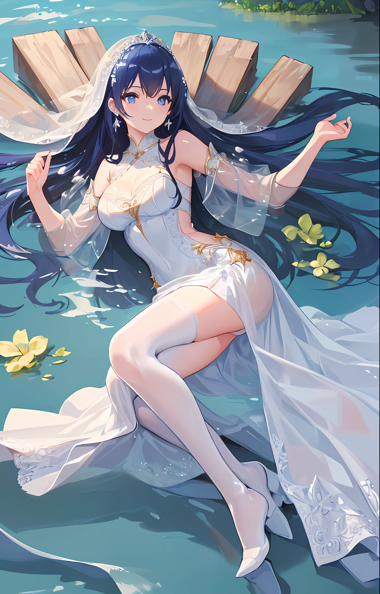 (Masterpiece, Superb Quality, Super Fine, High Resolution, 4K Resolution), (Perfect Face, Side Light, Radiant Skin, Delicate Beautiful Eyes), Smile, 1girl, White Stockings, Long Hair, Blue Hair, Flowing Hair, Stream, Light, Princess Wedding Dress, Long Dress, Lying in the Water.
