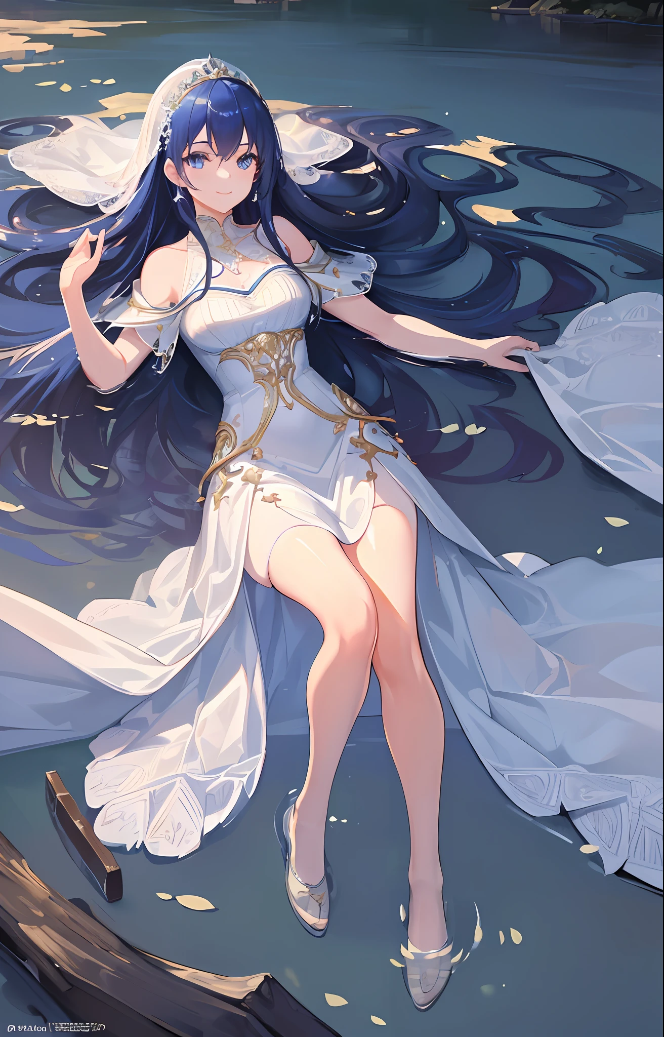 (Masterpiece, Superb Quality, Super Fine, High Resolution, 4K Resolution), (Perfect Face, Side Light, Radiant Skin, Delicate Beautiful Eyes), Smile, 1girl, White Stockings, Long Hair, Blue Hair, Flowing Hair, Stream, Light, Princess Wedding Dress, Long Dress, Lying in the Water.