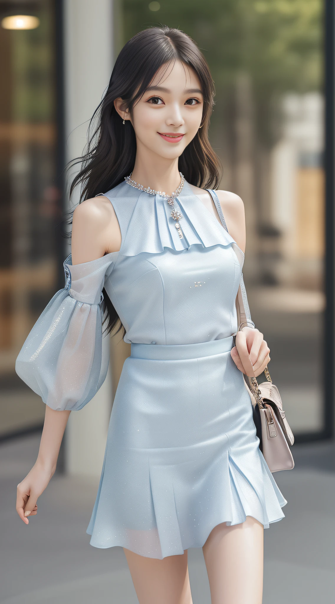 (High quality, super high detail, colorful JK skirt, (shoulder-length hair), (slim, delicate facial features, girl wearing fashionable clothes, holding a beautiful bag, wearing delicate jewelry): 0.9), (dynamic posture, proper proportions, very temperamental, long legs high and cold, delicate and realistic portrait, delicate three-dimensional silhouette, background outdoors, depth of field, ultra-realistic skin details), (long eyelashes, smile, shallow dimples, big watery eyes crystal clear, slender legs): 0.8
