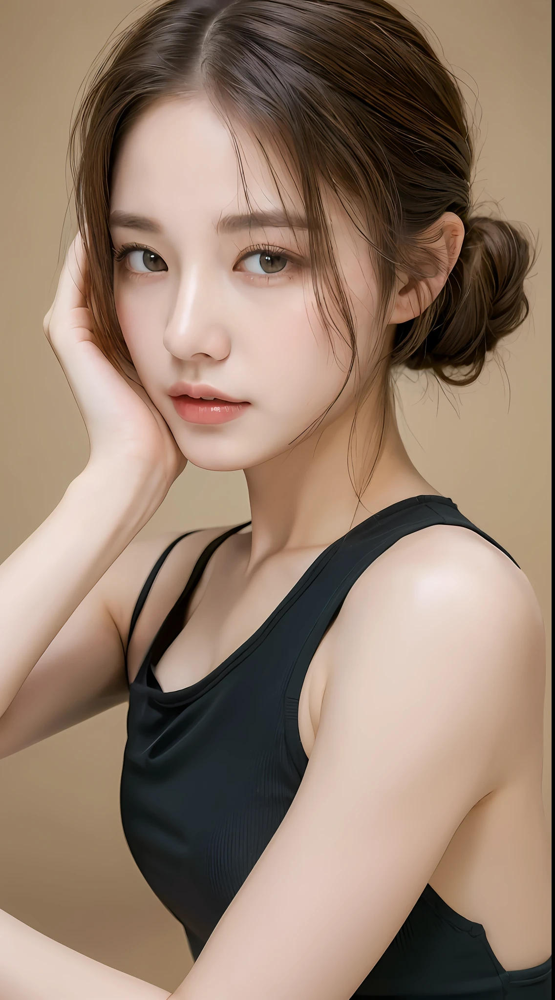 ((Best quality, 8k, Masterpiece :1.3)), 1girl, Pretty woman with emphasizing slender abs :1.3, (random hairstyles :1.2), Oversized tank top :1.2, Ultra-detailed face, Detailed eyes, Double eyelid, armpit