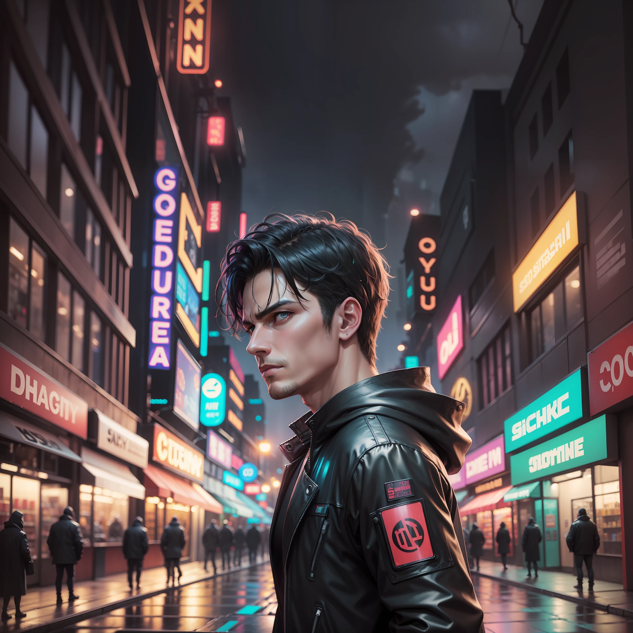 Portrait, a guy in black, leaning against a store, Night, raining, cyberpunk theme, neon light, looking at the screen, super realistic, 8k, HD