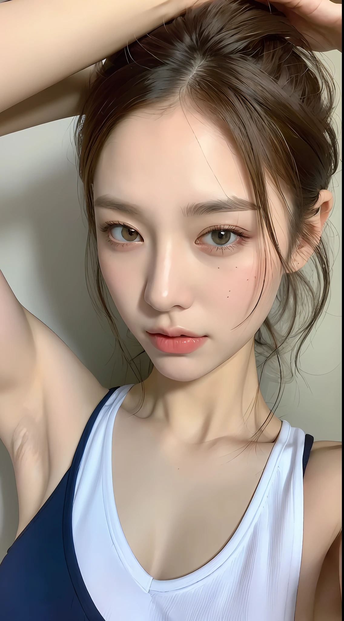 ((Best quality, 8k, Masterpiece :1.3)), 1girl, Pretty woman with emphasizing slender abs :1.3, (random hairstyles :1.2), Oversized tank top :1.2, Ultra-detailed face, Detailed eyes, Double eyelid, armpit