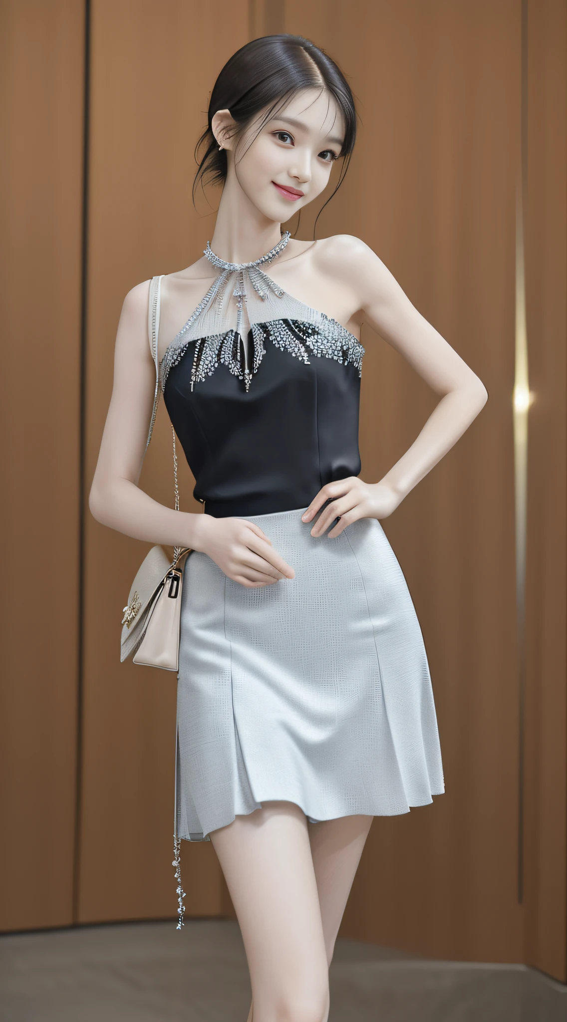 (High quality, super high detail, colorful JK skirt, (shoulder-length hair), (slim, delicate facial features, girl wearing fashionable clothes, holding a beautiful bag, wearing delicate jewelry): 0.9), (dynamic posture, proper proportions, very temperamental, long legs high and cold, delicate and realistic portrait, delicate three-dimensional silhouette, background park, depth of field, ultra-realistic skin details), (long eyelashes, smile, shallow dimples, big watery eyes crystal clear, slender legs): 0.8