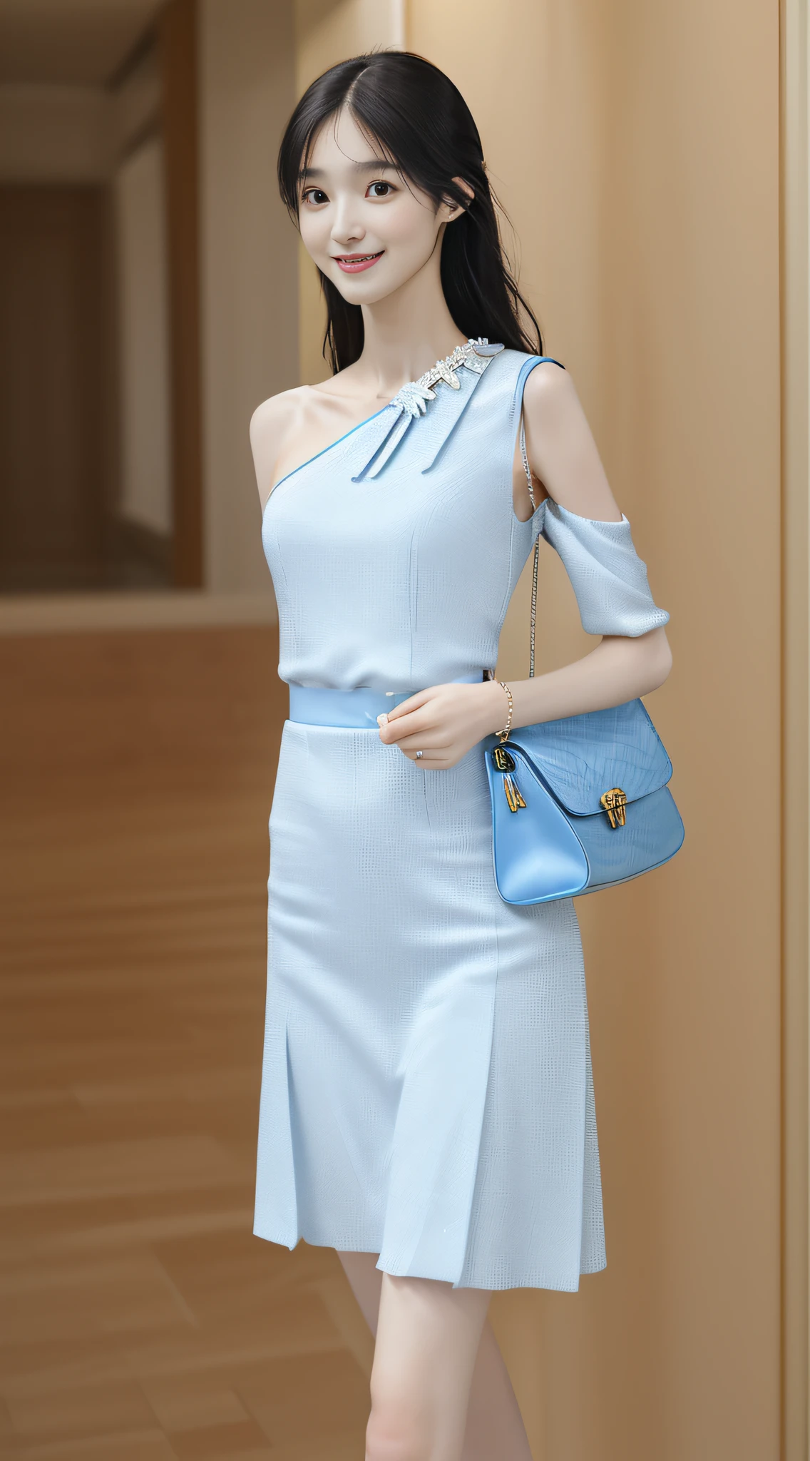 (High quality, super high detail, colorful JK skirt, (shoulder-length hair), (slim, delicate facial features, girl wearing fashionable clothes, holding a beautiful bag, wearing delicate jewelry): 0.9), (dynamic posture, proper proportions, very temperamental, long legs high and cold, delicate and realistic portrait, delicate three-dimensional silhouette, background park, depth of field, ultra-realistic skin details), (long eyelashes, smile, shallow dimples, big watery eyes crystal clear, slender legs): 0.8