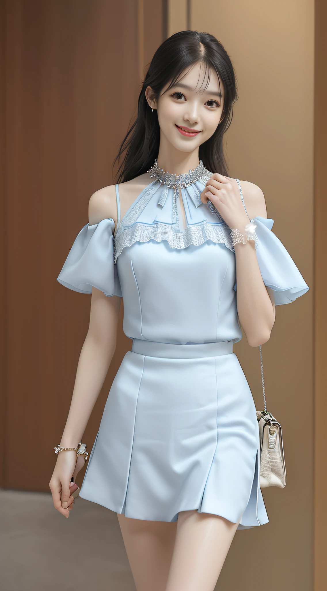 (High quality, super high detail, colorful JK skirt, (shoulder-length hair), (slim, delicate facial features, girl wearing fashionable clothes, holding a beautiful bag, wearing delicate jewelry): 0.9), (dynamic posture, proper proportions, very temperamental, long legs high and cold, delicate and realistic portrait, delicate three-dimensional silhouette, background park, depth of field, ultra-realistic skin details), (long eyelashes, smile, shallow dimples, big watery eyes crystal clear, slender legs): 0.8