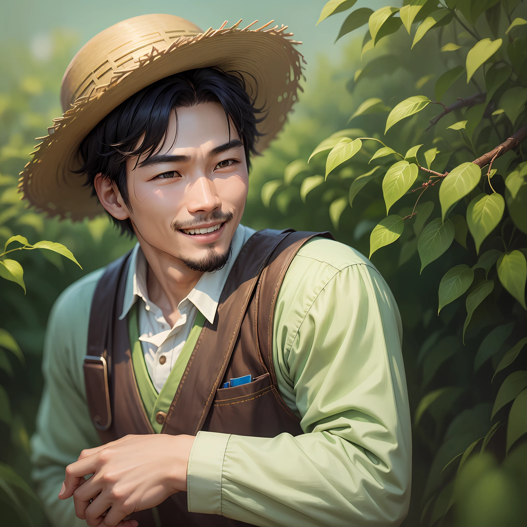 A professional, honest, smiling, with harvest joy, dressed modernly, positive, Chinese male, peasant image, with green background, realistic photo of depth of field, sense of material --auto --s2