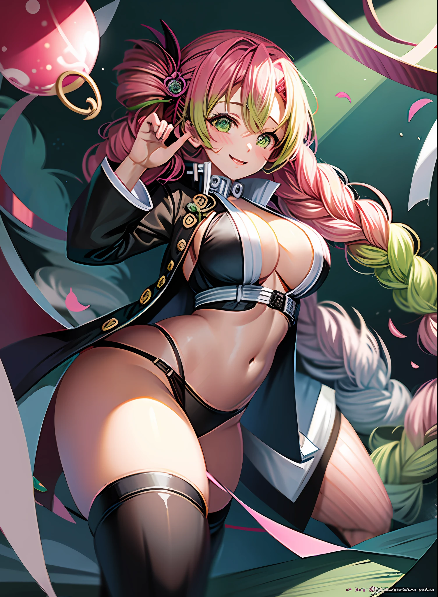 A cartoon girl with pink hair and green eyes with a pink braid, Official Art, Demon Slayer, Kimetsu no Yaiba, Mitsuri Fanart, Mitsuri Kanroji, Official Character Art, Official Art