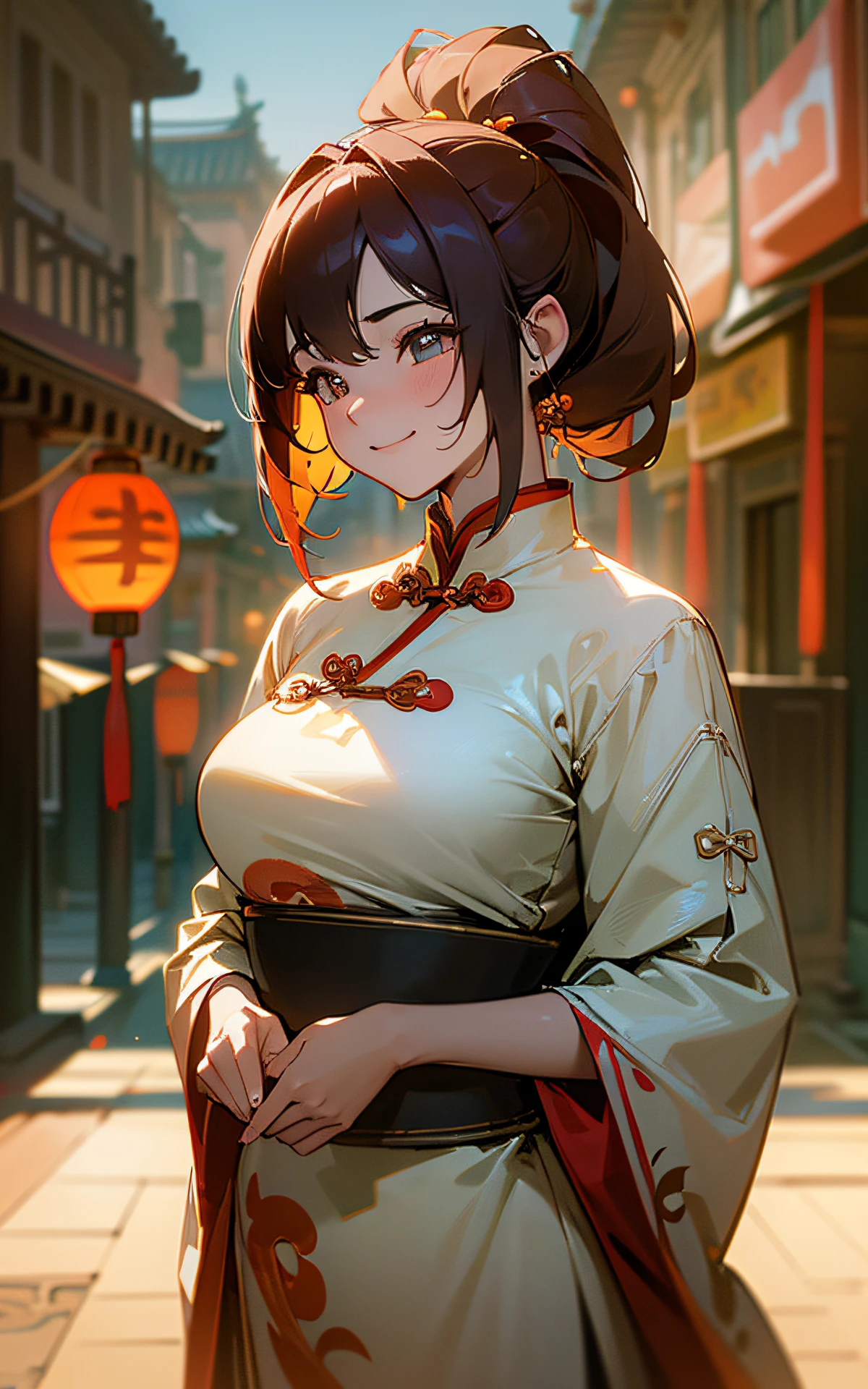 (Unity 16K Wallpaper, Masterpiece, Best Quality, Ultra-Detailed, Extremely Detailed CG, Caustics, Cinematic Lighting, Detailed, Beautiful Detailed Eyes, NSFW:2.0, 1girl, Curby,), Ultra High Resolution, Fine skin, (cute: 1.2), (girl), (30 years old), ((simple chinese clothes: 1.2)), ((fine background writing, saturated, strong light, Chinatown)), smile