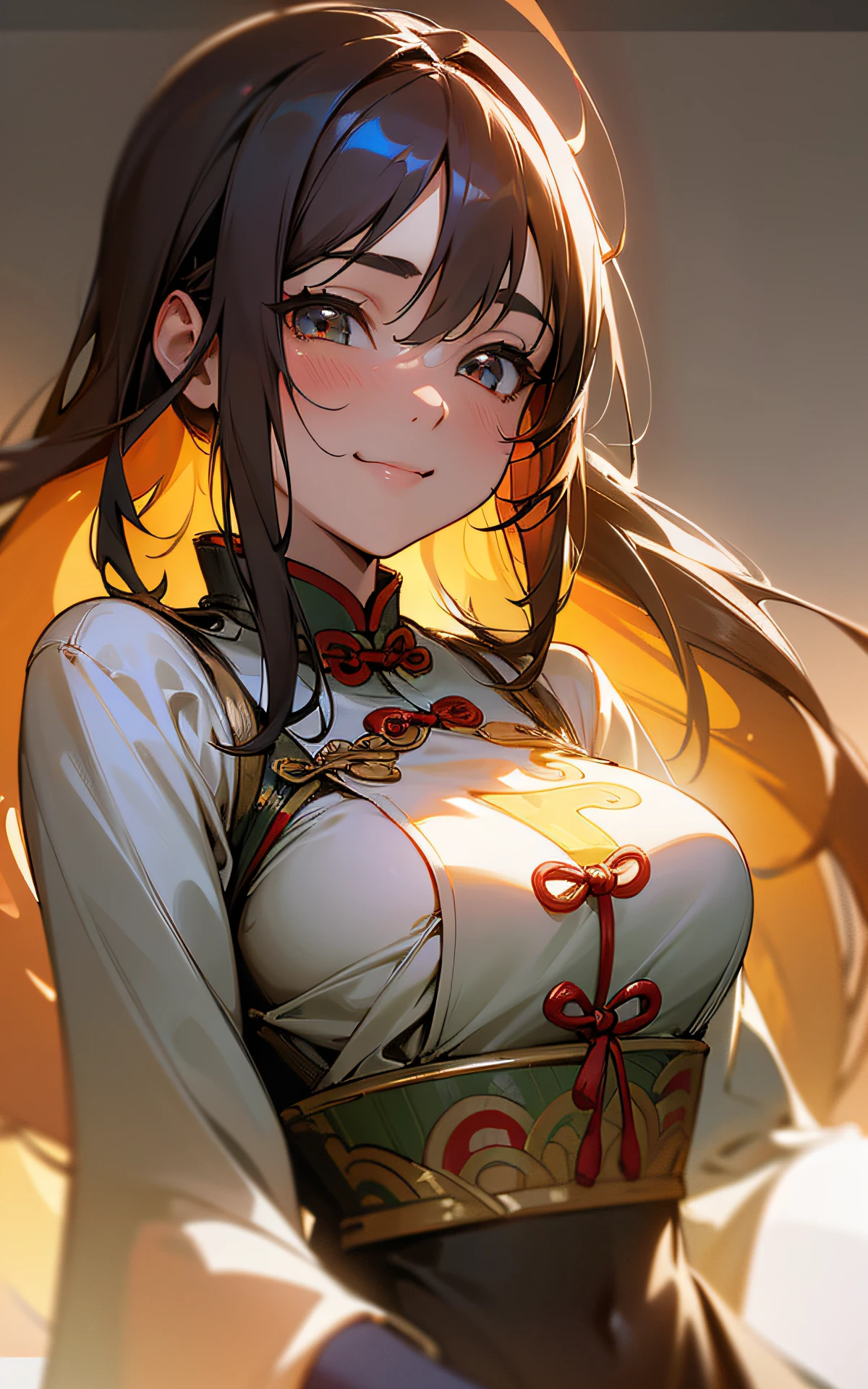 (Unity 16K Wallpaper, Masterpiece, Best Quality, Ultra-Detailed, Extremely Detailed CG, Caustics, Cinematic Lighting, Detailed, Beautiful Detailed Eyes, NSFW:2.0, 1girl, Curby,), Ultra High Resolution, Fine skin, (cute: 1.2), (girl), (30 years old), ((simple chinese clothes: 1.2)), ((fine background writing, saturated, strong light, Chinatown)), smile