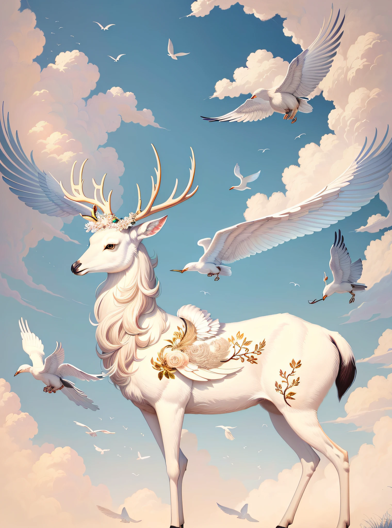 there is a painting of a deer with a lot of birds flying around, a beautiful artwork illustration, beautiful animal pearl queen, beautiful digital artwork, surreal hybrid animals, highly detailed digital artwork, painting of wild hunt in the sky, anthropomorphic deer, inspired by Koson Ohara, exquisite digital illustration, an anthropomorphic deer, very beautiful digital art