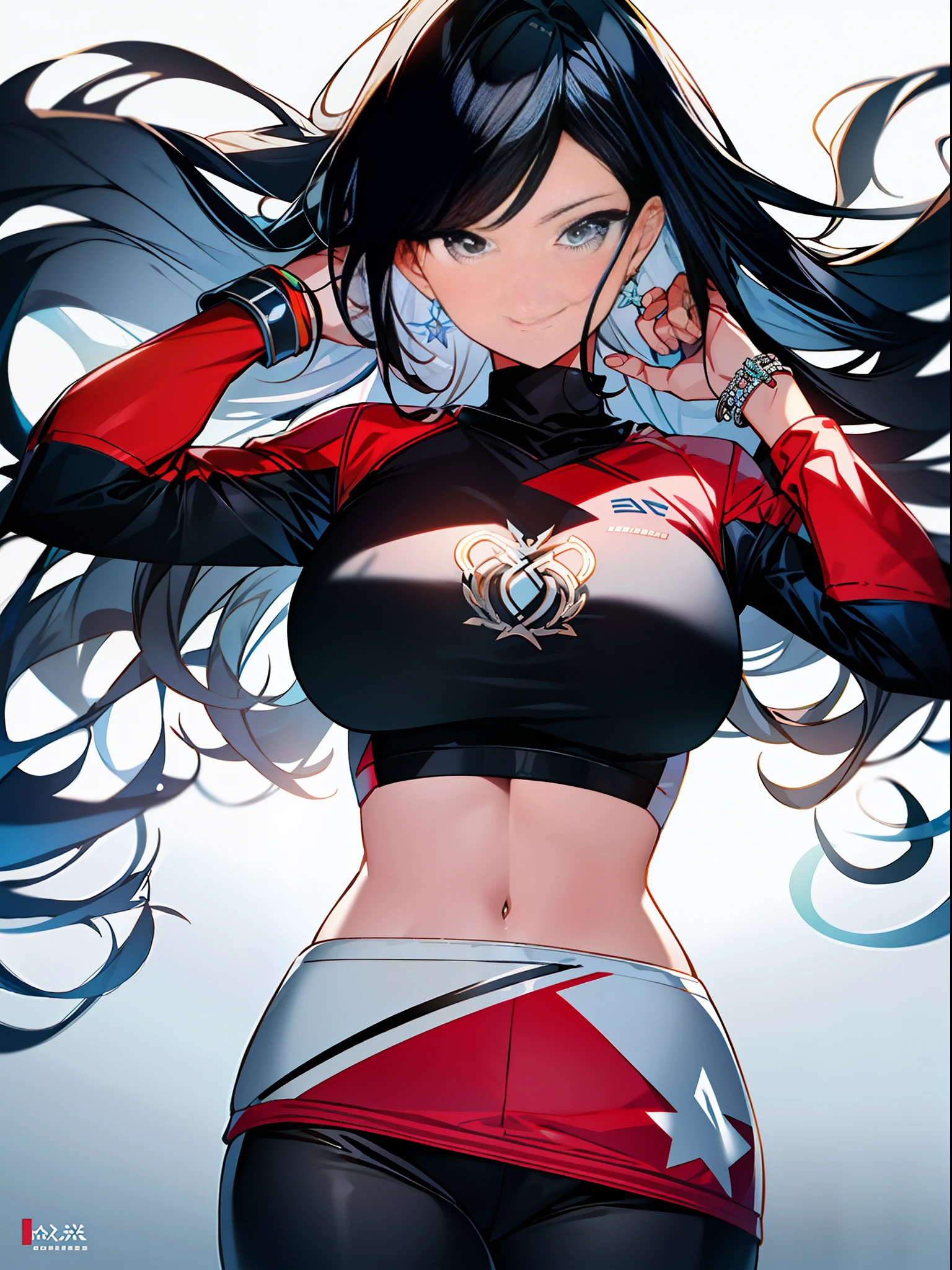 background, mixed language_text, Japanese letters in graphite, beautiful woman ashley alexiss, long black hair gradient, excellent lighting, side lighting, perfect finish (gradient colors: 1.3), (magazine_cover: 1.4), (multicolored_background: 1.3), :: discs with sharp and shiny blades in the hand :: circular pieces of white metals glued to the ultra detailed arms coming out sparkling glow, star design stamped in the middle of the t-shirt,  Perfect and detailed sculptural body, ultra detailed shirt with abstract design and with Japanese letter print in graphite of the sides of the clothing, jeans used, large chest with immersive effects, hover effect, graphite background style flowers with flowers and vibrant colors, "ultra" HDR detailed and with focus effect, (masterpiece: 1.2, best quality), (beautiful emerald yellow eyes with huge finely detailed eyelashes:  1.2), , ((Solo)), (Finely detailed eyes and detailed face: 1.3), beautiful ultra-detailed eyes, linear light smile, graffiti and tattoo style background, woman, alone. midriff, skintight bodysuit with detailed tattoo style print, ultra-detailed red gradient leather jacket, warm thighs, black skintight pants with ultra-detailed white and pink details, large breasts, ultra-detailed bracelets on the arms, , bracelet on the right arm with ultra bright red energy