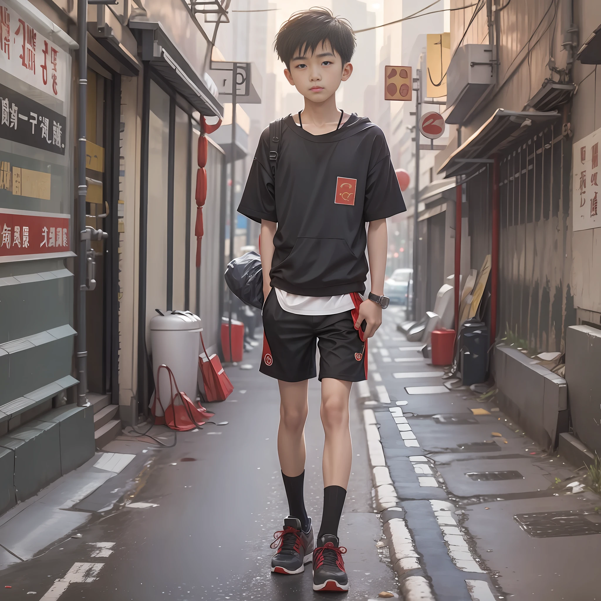 Chinese fourteen-year-old boy, wearing shorts, on the side of a road in the city