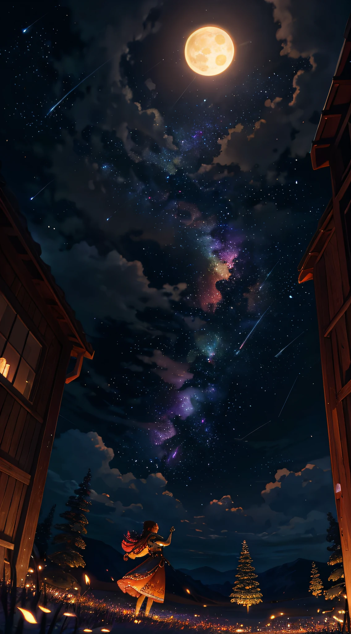Vast landscape photo, (viewed from below, the sky is above and the open field is below), a girl standing on a flower field looking up, (full moon: 1.2), (meteor: 0.9), (nebula: 1.3), distant mountains , Trees BREAK Crafting Art, (Warm Light: 1.2), (Fireflies: 1.2), Lights, Lots of Purple and Orange, Intricate Details, Volumetric Lighting, Realism BREAK (Masterpiece: 1.2), (Best Quality), 4k, Ultra-Detailed, (Dynamic Composition: 1.4), Very Detailed, Colorful Details, (Rainbow Colors: 1.2), (Glow Lighting, Atmospheric Lighting), Dreamy, Magical, (Solo: 1.2)