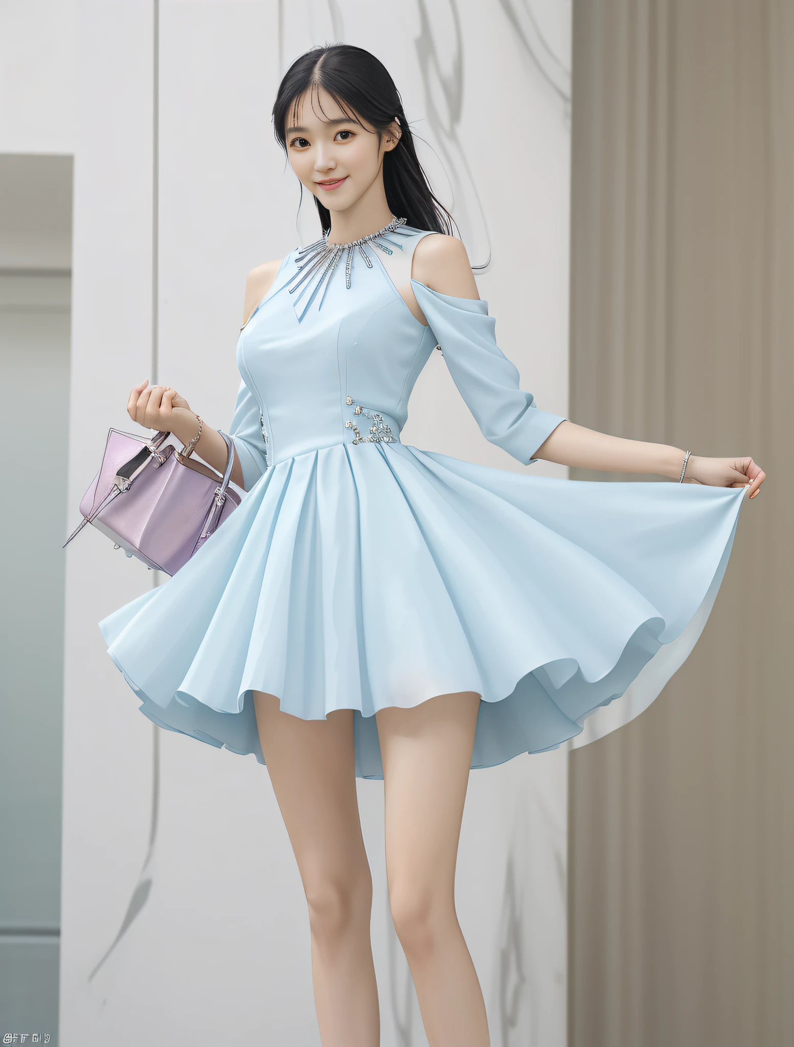 (High quality, super high detail, colorful JK skirt, (shoulder-length hair), (slim, delicate facial features, girl wearing fashionable clothes, holding a beautiful bag, wearing delicate jewelry): 0.9), (dynamic posture, proper proportions, very temperamental, long legs high and cold, delicate and realistic portrait, delicate three-dimensional silhouette, background park, depth of field, ultra-realistic skin details), (long eyelashes, smile, shallow dimples, big watery eyes crystal clear, slender legs): 0.8