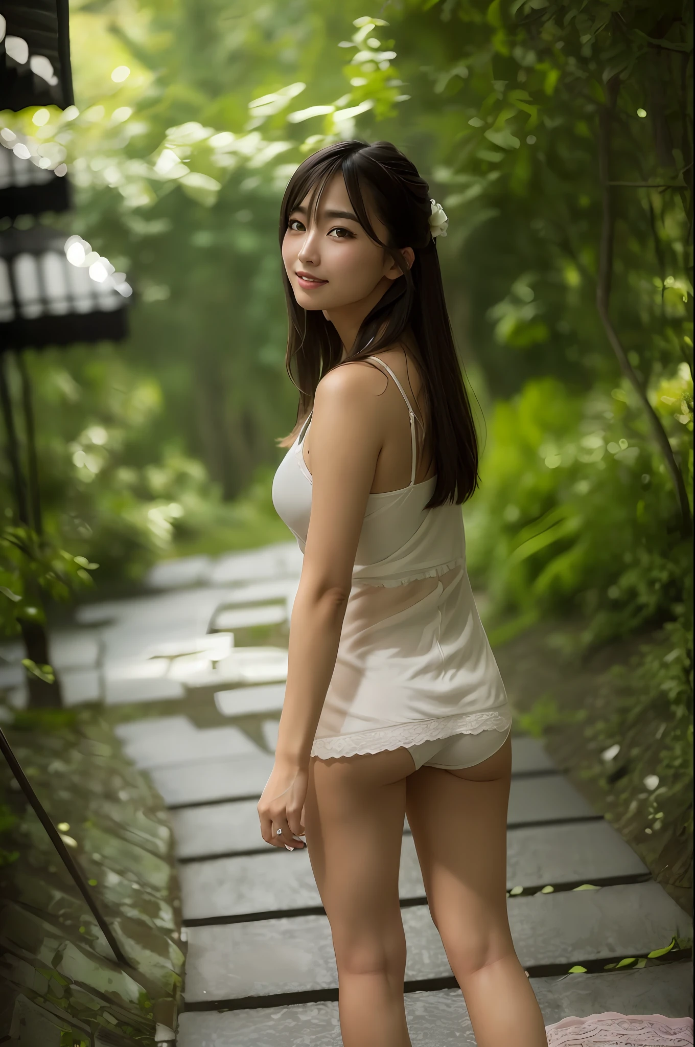 (Photorealistic: 1.4), Masterpiece, Ultra High Resolution, RAW Photo, Best Quality, (Toothy Smile: 8.0), (Sexy: 1.4), Raw Photo, Japan Beautiful Wife, (Cute: 3.0), (Eyes Lowered: 4.0), (Large, Round Eyes: 4.0), (Moisturized Eyes: 3.0), (Upper Eyes Looking at the Camera: 3.0), (Figure-Eight Double Eyebrows: 4.0), Blush pink cheeks, white skin with makeup, slender, lace lingerie,