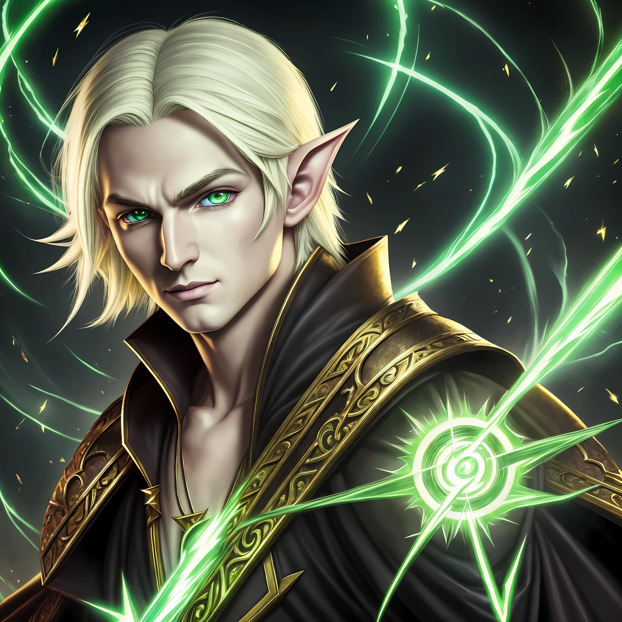 ((best quality)), ((masterpiece)), (detailed),
1 male elf, electricity, energy, bright, bright radioactive energy eyes, green eyes, pale face and skin, lightning, magic, pointed ears, yellow hair, Kael'Thas, mage, black mage robe, vampire