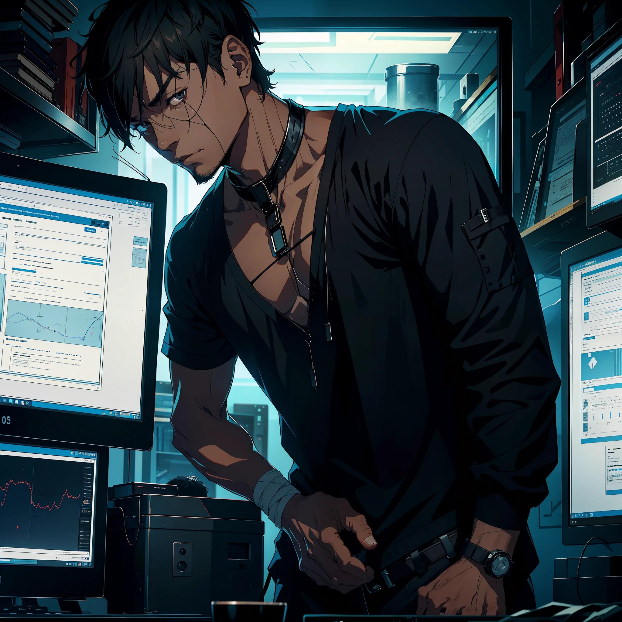 A man, 30 years old, black super short hair, black eyes, sad, hands wrapped in bandages, hanging around his neck, in front of a computer screen