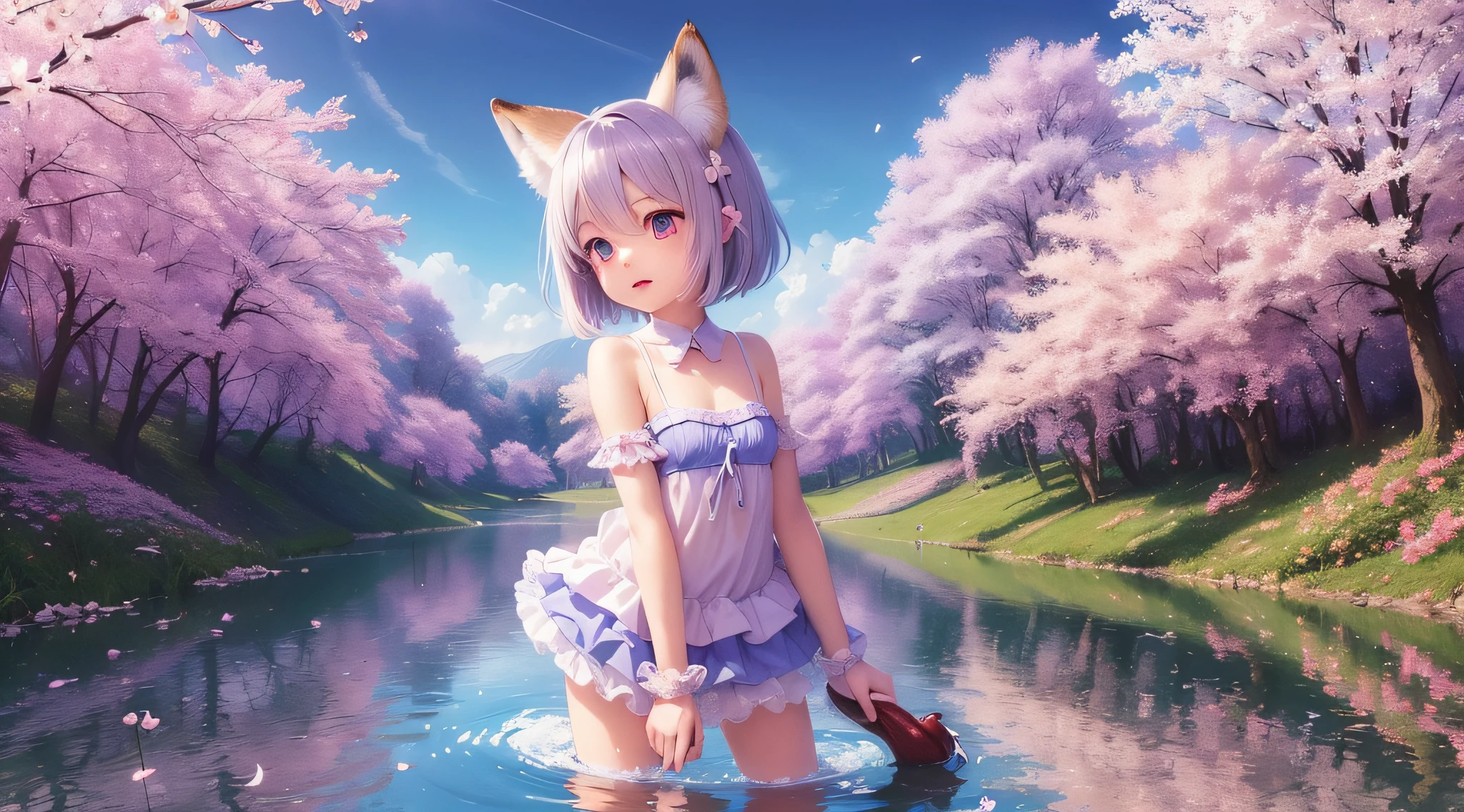 (Masterpiece) + (Excellent picture quality) + (Delicate and dreamy atmosphere) + (Beautiful and cute anime girl) + (Arm guards and arm warmers) + (Fox ear hairpins) + (Short hair with colorful dress) + (Background cherry blossoms) + (Water) + (Lake) + [Colorful eyes]