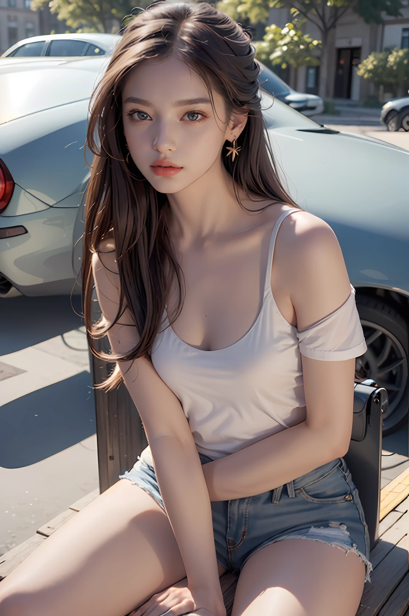 Best quality, masterpiece, super high resolution, (realistic: 1.4), original photo, (evening street), 1 girl, black eyes, looking at the audience, long hair, light makeup, lips, small ears, white t-shirt, denim shorts, earrings, sitting Ferrari, big breasts, slim