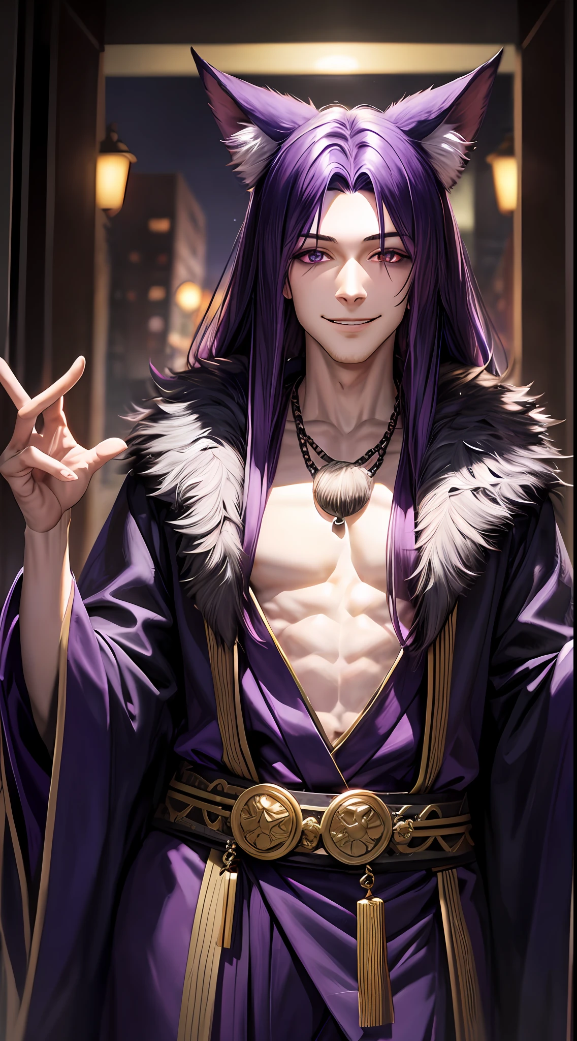 Tall guy, long dark purple hair, fox ears, purple eyes, open kimono, open chest, chains, smile, masterpiece, high quality
