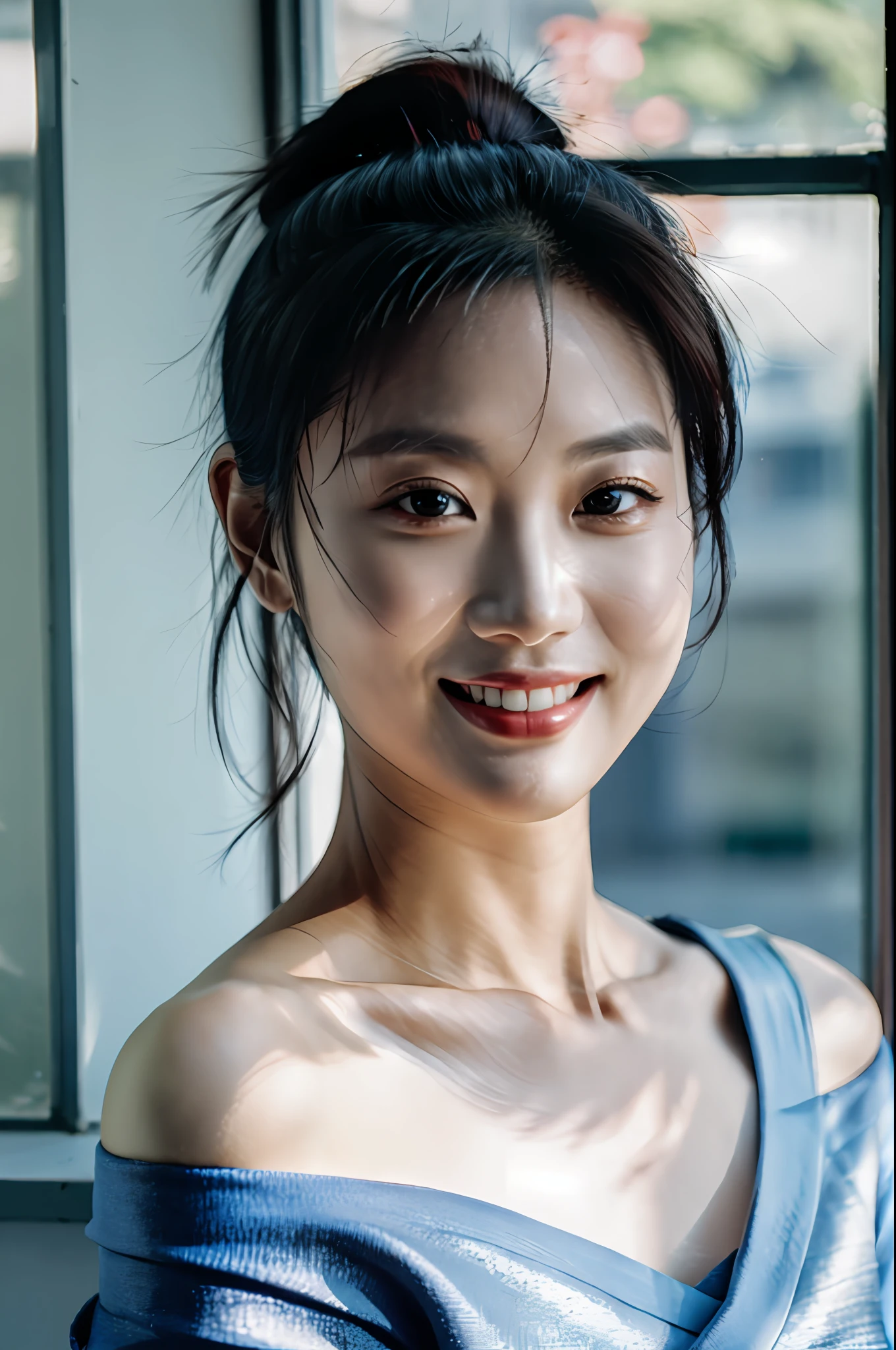 1girl, idol, close-up,  collarbone, photo, film, hand on own face,  depth of field, smile, model, window, looking at viewer, real life, off shoulder, teeth,