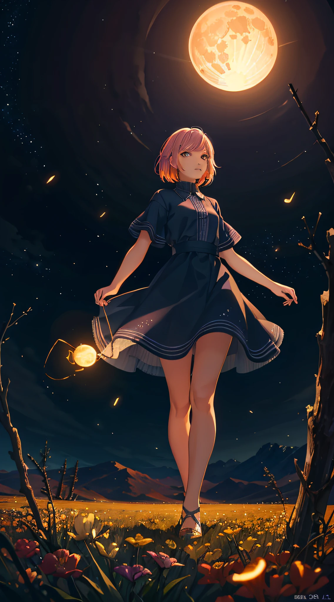 Vast landscape photo, (viewed from below, the sky is above and the open field is below), a girl standing on a flower field looking up, (full moon: 1.2), (meteor: 0.9), (nebula: 1.3), distant mountains , Trees BREAK Crafting Art, (Warm Light: 1.2), (Fireflies: 1.2), Lights, Lots of Purple and Orange, Intricate Details, Volumetric Lighting, Realism BREAK (Masterpiece: 1.2), (Best Quality), 4k, Ultra-Detailed, (Dynamic Composition: 1.4), Very Detailed, Colorful Details, (Rainbow Colors: 1.2), (Glow Lighting, Atmospheric Lighting), Dreamy, Magical, (Solo: 1.2)