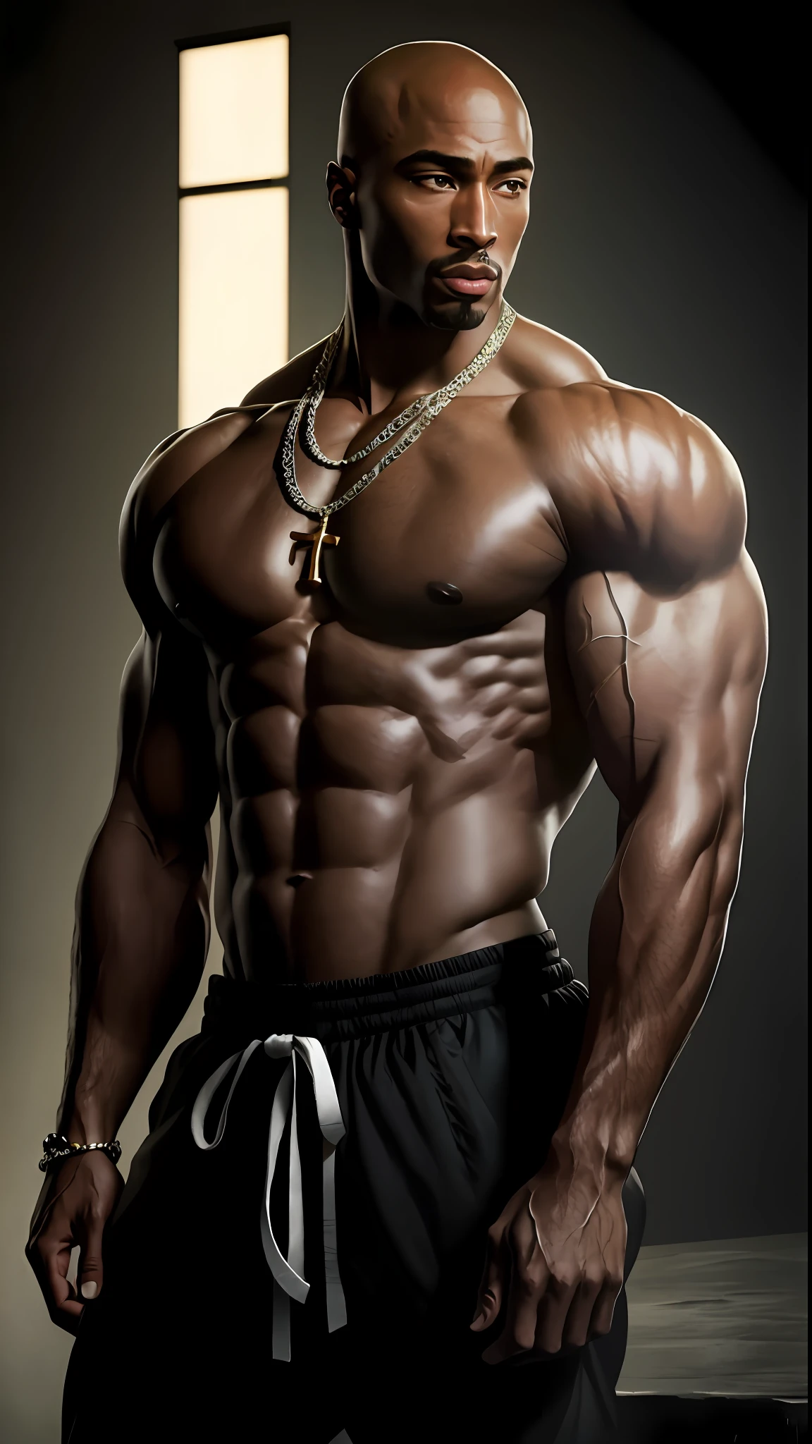 8k portrait of Tupac Shakur Bodybuilder, shirtless, intricate, 35 years old, gym background, full body, looking at the camera, elegant, (black eyes), highly detailed, gym background, majestic, digital photography, art by artgerm and ruan jia and greg rutkowski, bald, broken glass around (masterpiece, side lighting, beautiful finely detailed eyes: 1.2), hdr