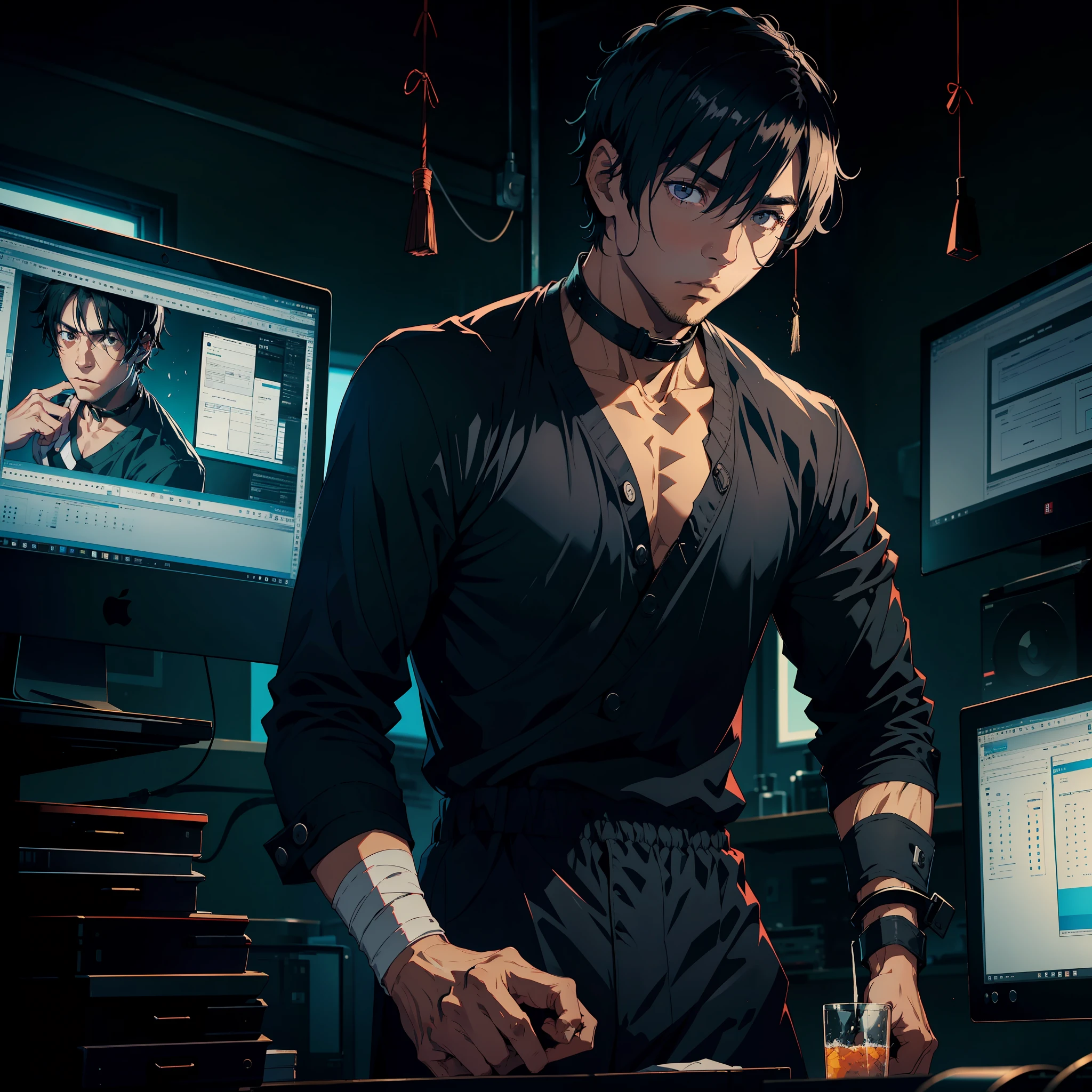 A man, 30 years old, black super short hair, black eyes, sad, hands wrapped in bandages, hanging around his neck, in front of a computer screen