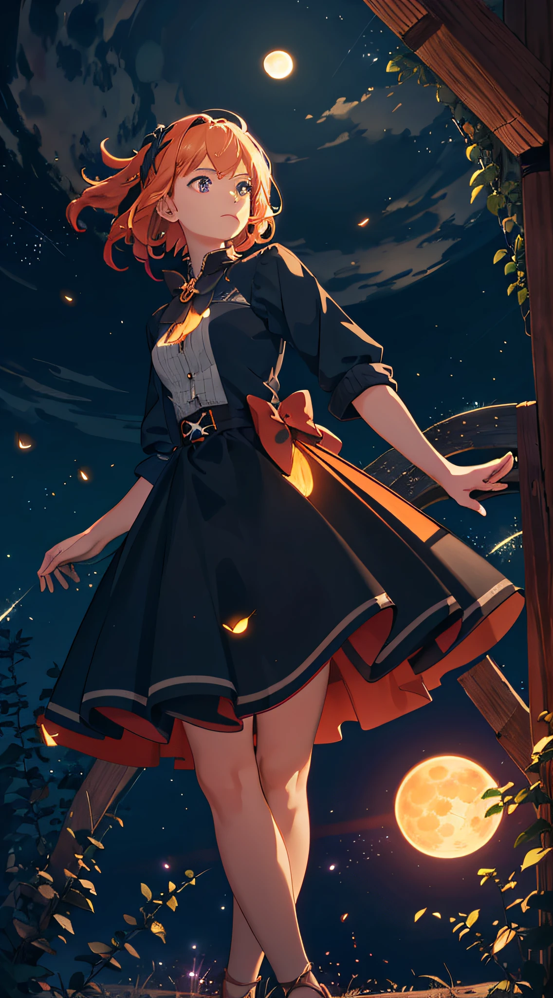 Vast landscape photo, (viewed from below, the sky is above and the open field is below), a girl standing on a flower field looking up, (full moon: 1.2), (meteor: 0.9), (nebula: 1.3), distant mountains , Trees BREAK Crafting Art, (Warm Light: 1.2), (Fireflies: 1.2), Lights, Lots of Purple and Orange, Intricate Details, Volumetric Lighting, Realism BREAK (Masterpiece: 1.2), (Best Quality), 4k, Ultra-Detailed, (Dynamic Composition: 1.4), Very Detailed, Colorful Details, (Rainbow Colors: 1.2), (Glow Lighting, Atmospheric Lighting), Dreamy, Magical, (Solo: 1.2)