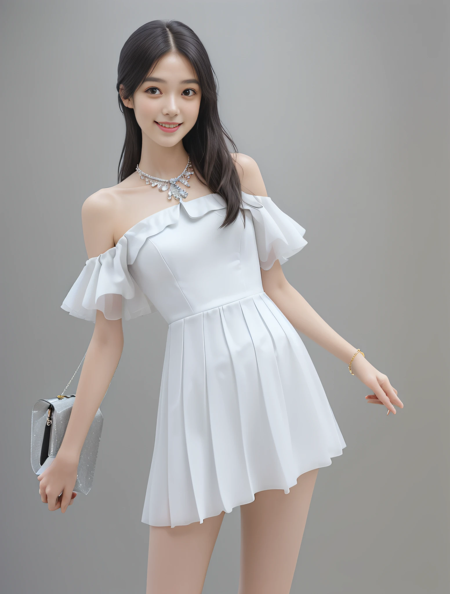(High quality, super high detail, colorful JK skirt, (shoulder-length hair), (slim, delicate facial features, girl wearing fashionable clothes, holding a beautiful bag, wearing delicate jewelry): 0.9), (dynamic posture, proper proportions, very temperamental, long legs high and cold, delicate and realistic portrait, delicate three-dimensional silhouette, background park, depth of field, ultra-realistic skin details), (long eyelashes, smile, shallow dimples, big watery eyes crystal clear, slender legs): 0.8