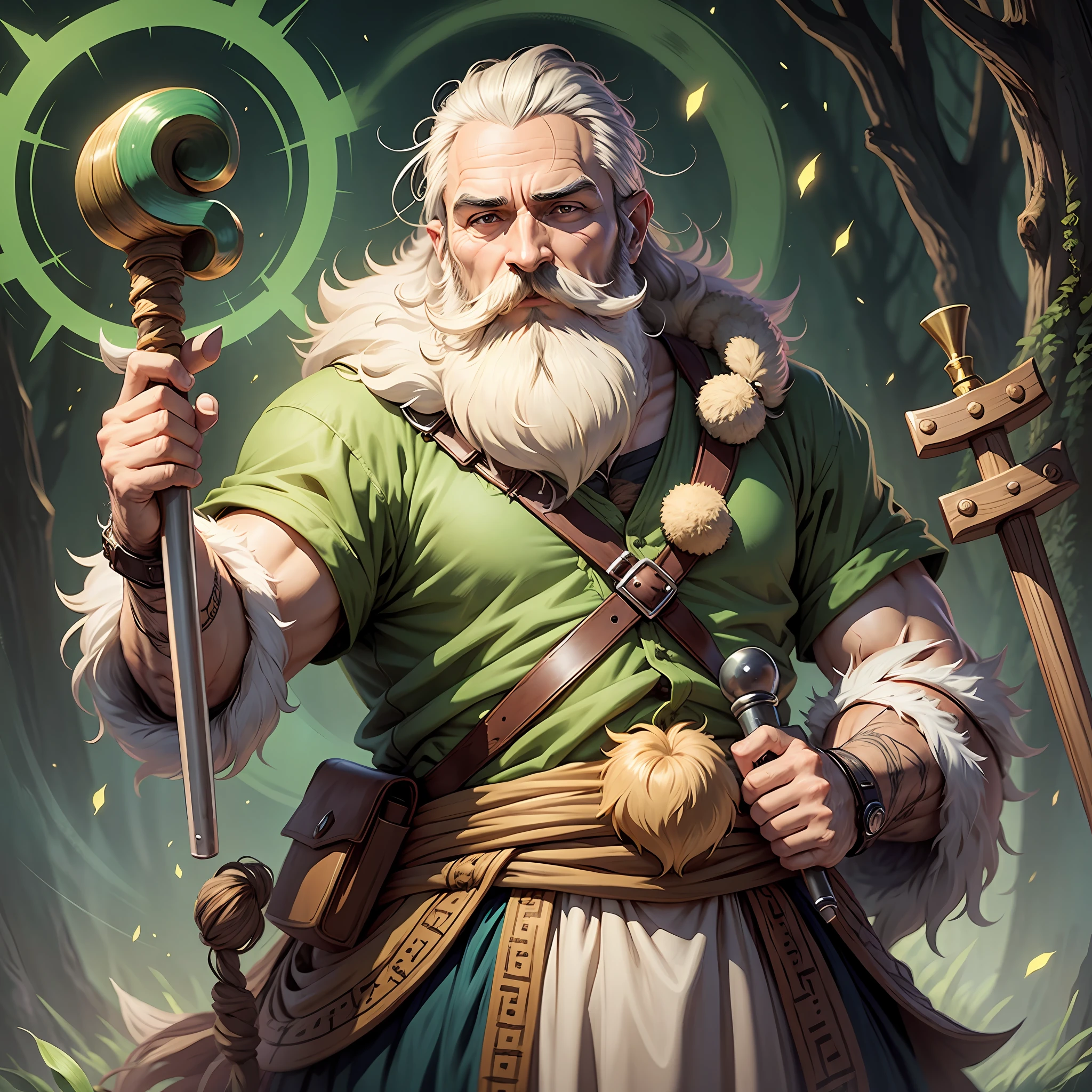 Anime style cartoon, Druid, Man, 40 years old, Beard, mustache, Staff in hand, cover --auto --s2