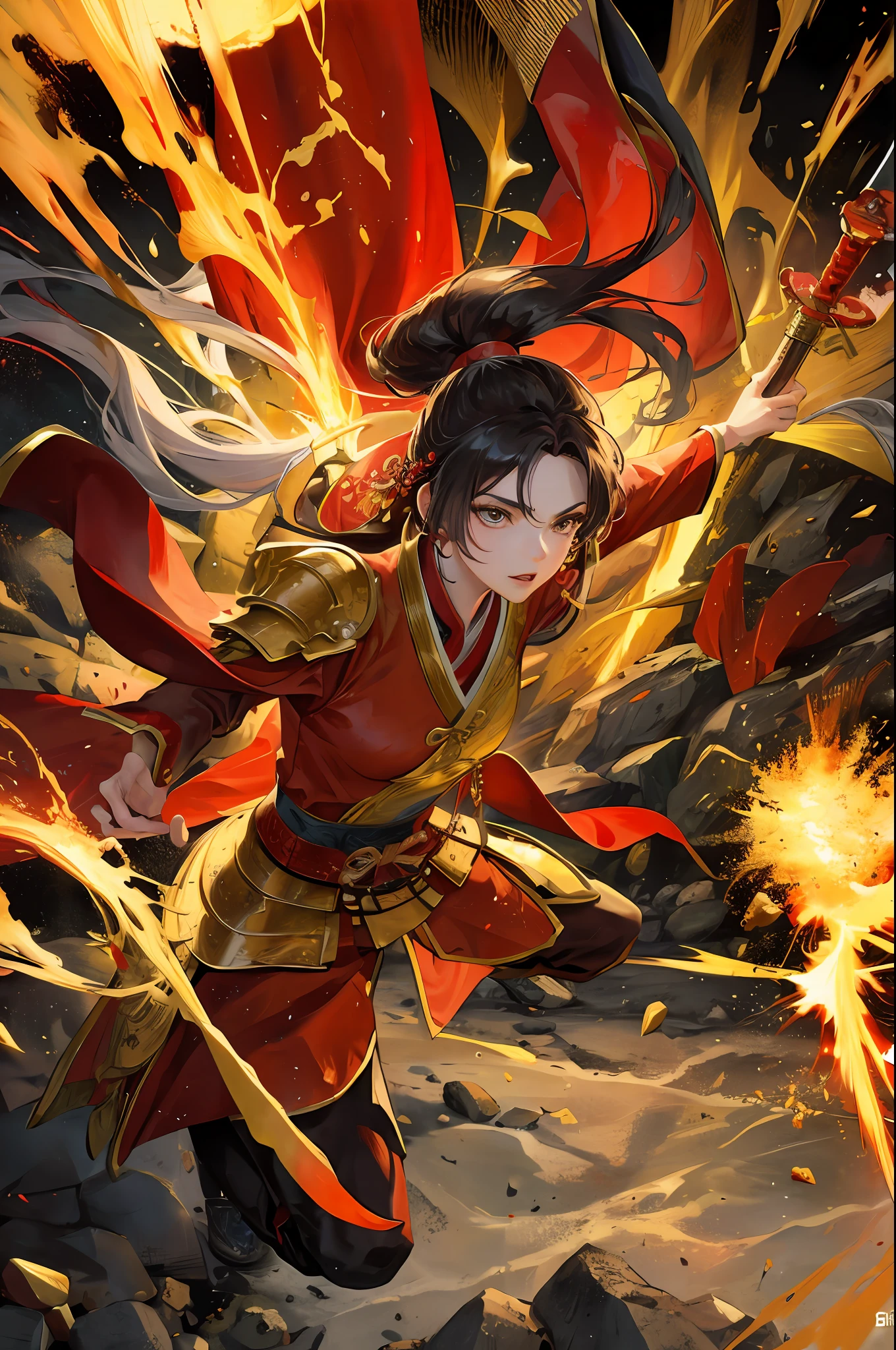Chinese style, ancient battlefield, a female general, red robes, armor, Mulan, sword in hand, yellow sand flying, battlefield