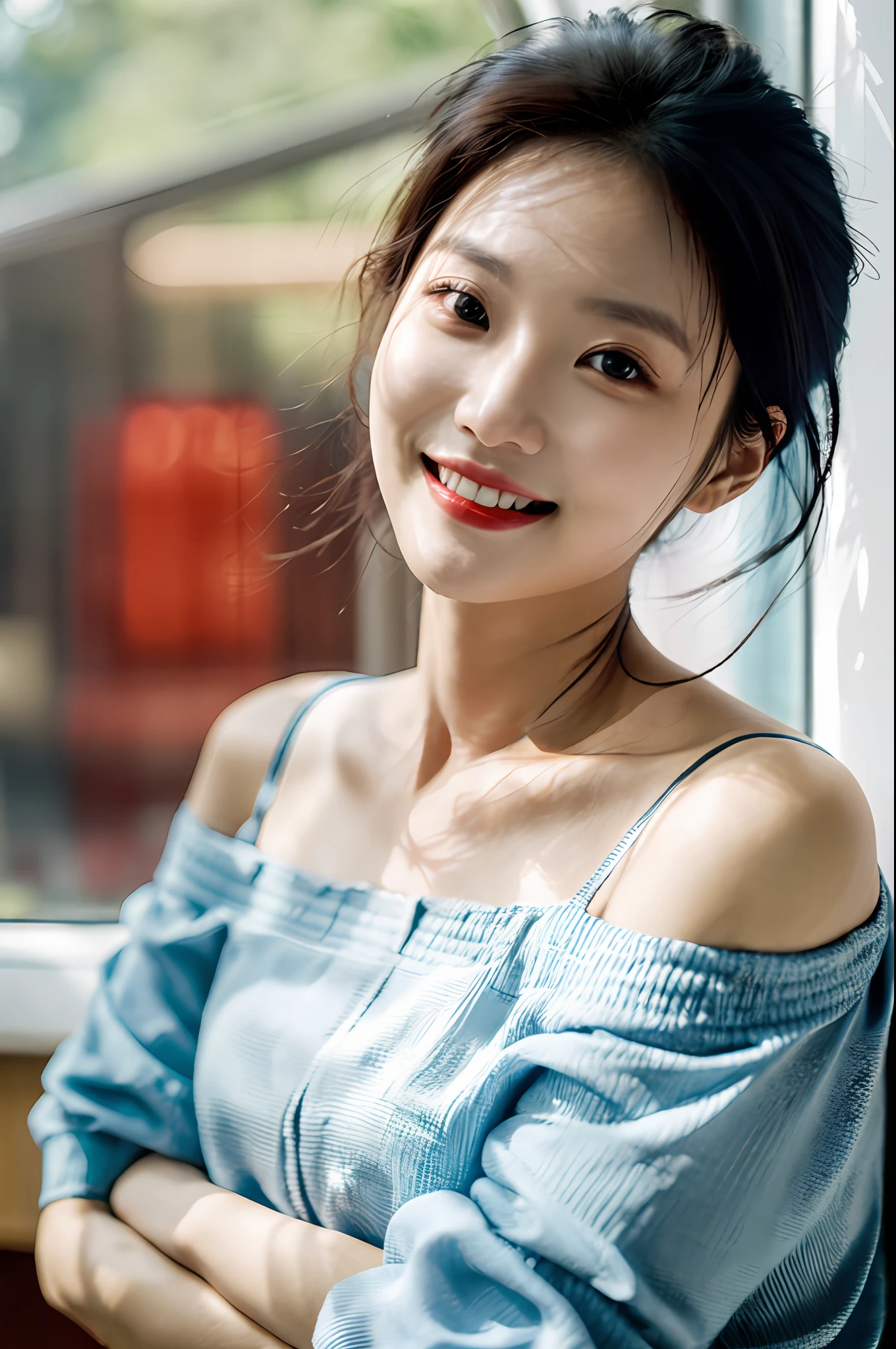 1girl, idol, close-up, collarbone, photo, film, hand on own face, depth of field, smile, model, window, looking at viewer, real life, off shoulder, teeth,