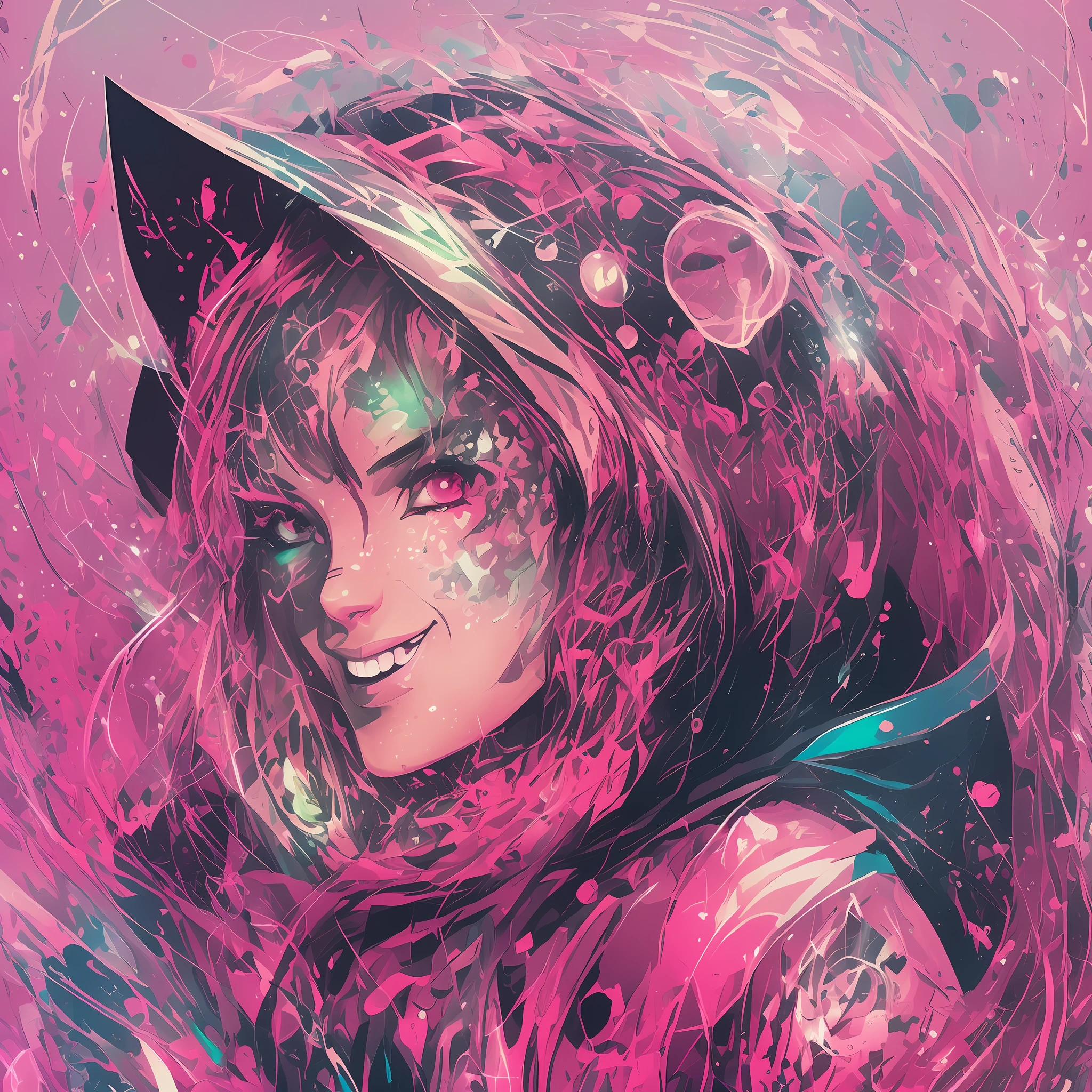 a close up of a cartoon character with a hood on, vector art inspired by Aleksi Briclot, trending on deviantart, shock art, pink angry bubble, character is covered in liquid, glowing pink face, epic digital art illustration, mad grin, vibrant fan art, vibrant cartoon art, pink iconic character, beeple and jeremiah ketner, rossdraws cartoon vibrant --auto --s2